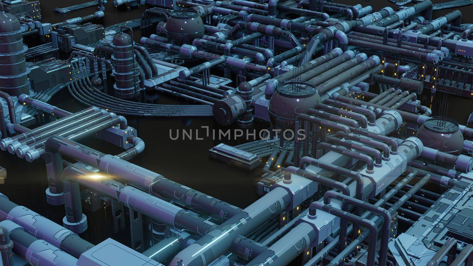 3d illustration - alien sci-fi city with optical flares