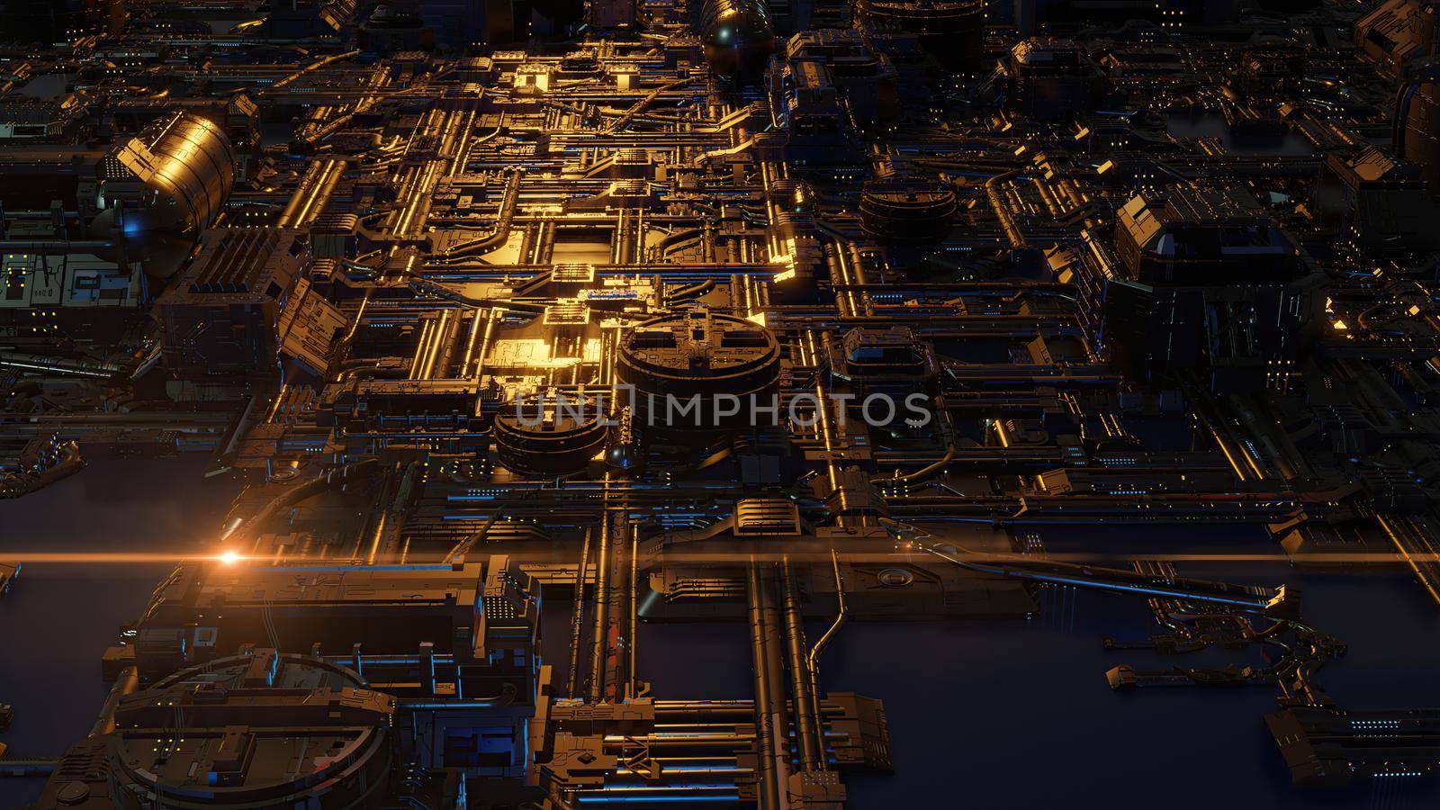 3d illustration - alien sci-fi city with optical flares