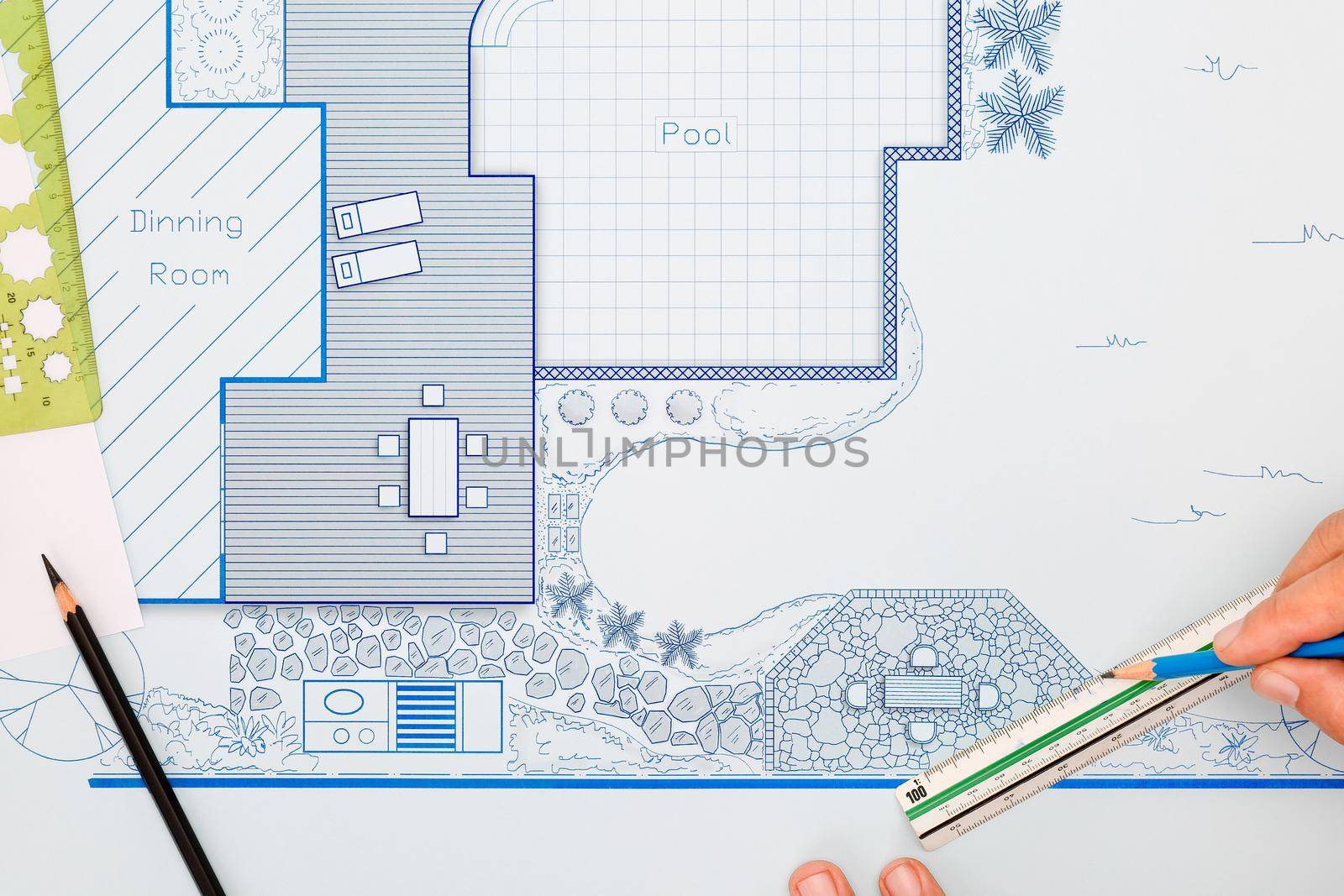 Blueprint backyard garden and pool design plan for villa.