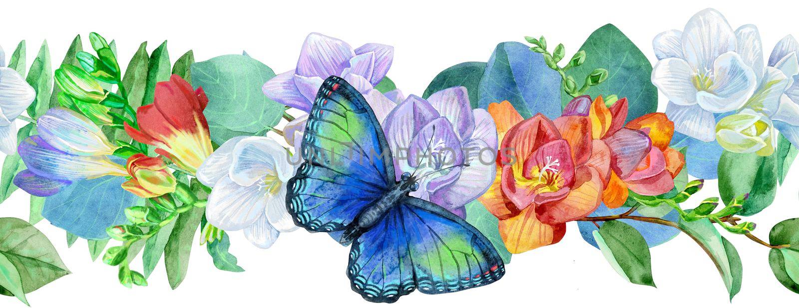 Seamless floral border with blue butterfly and freesia on white background. Artistic design for floral print for packaging, textile, wallpaper, gift wrap, greeting or wedding background.