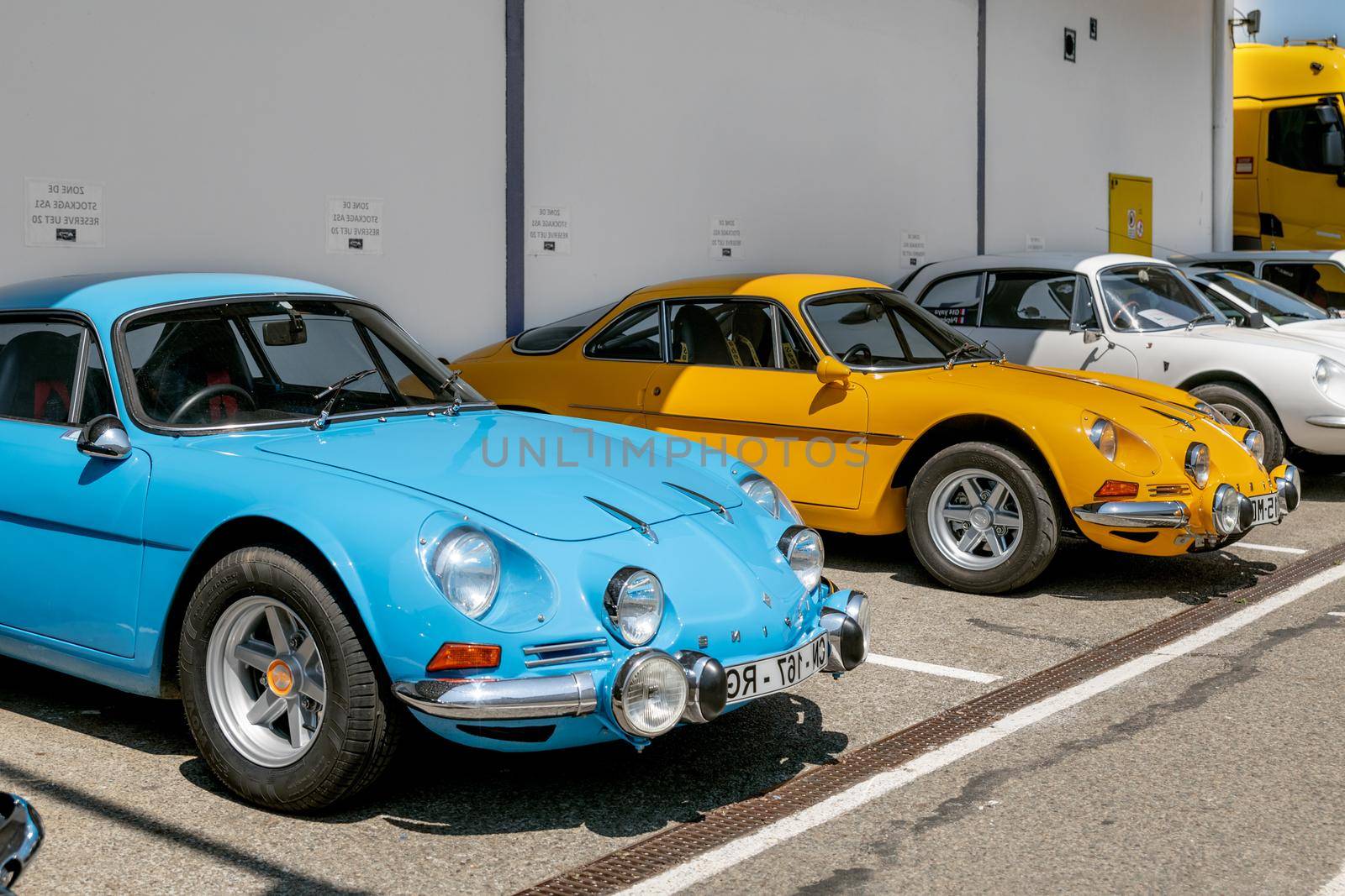 DIEPPE, FRANCE - JUNE 30, 2018: Alpine car blue modele 110 Berlinette V85 on the exposition Vintage and classic Cars.