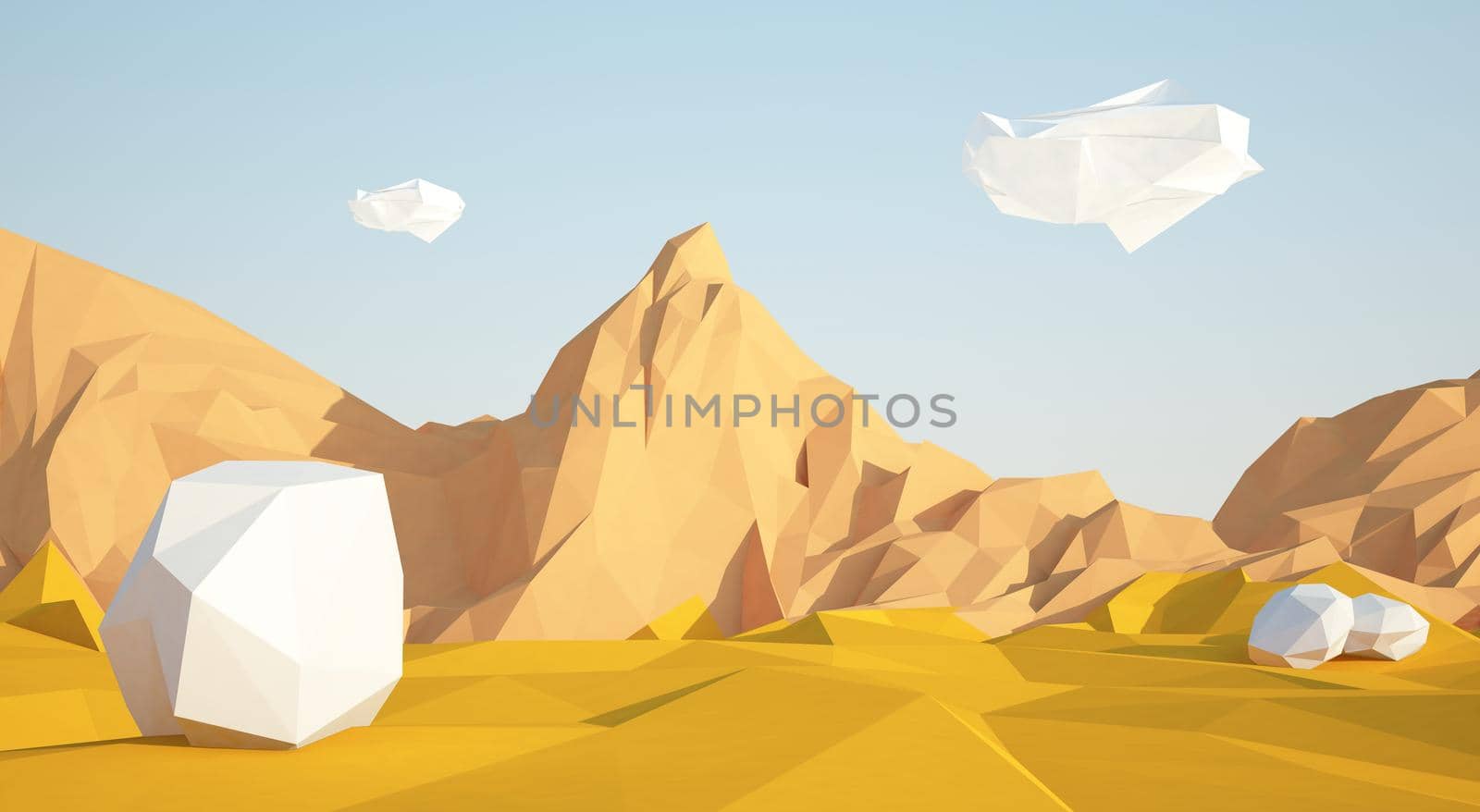 Abstract background with sand desert and white stones flying in the air . Early morning sunny illustration with blue sky .