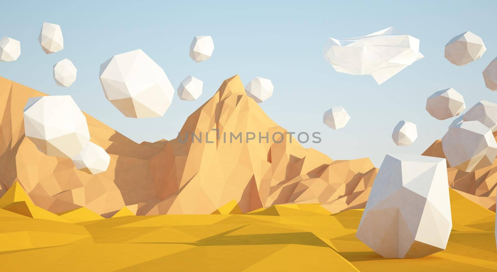 Abstract low poly background with sand desert and white stones flying in the air . Early morning sunny illustration with blue sky . by DmytroRazinkov