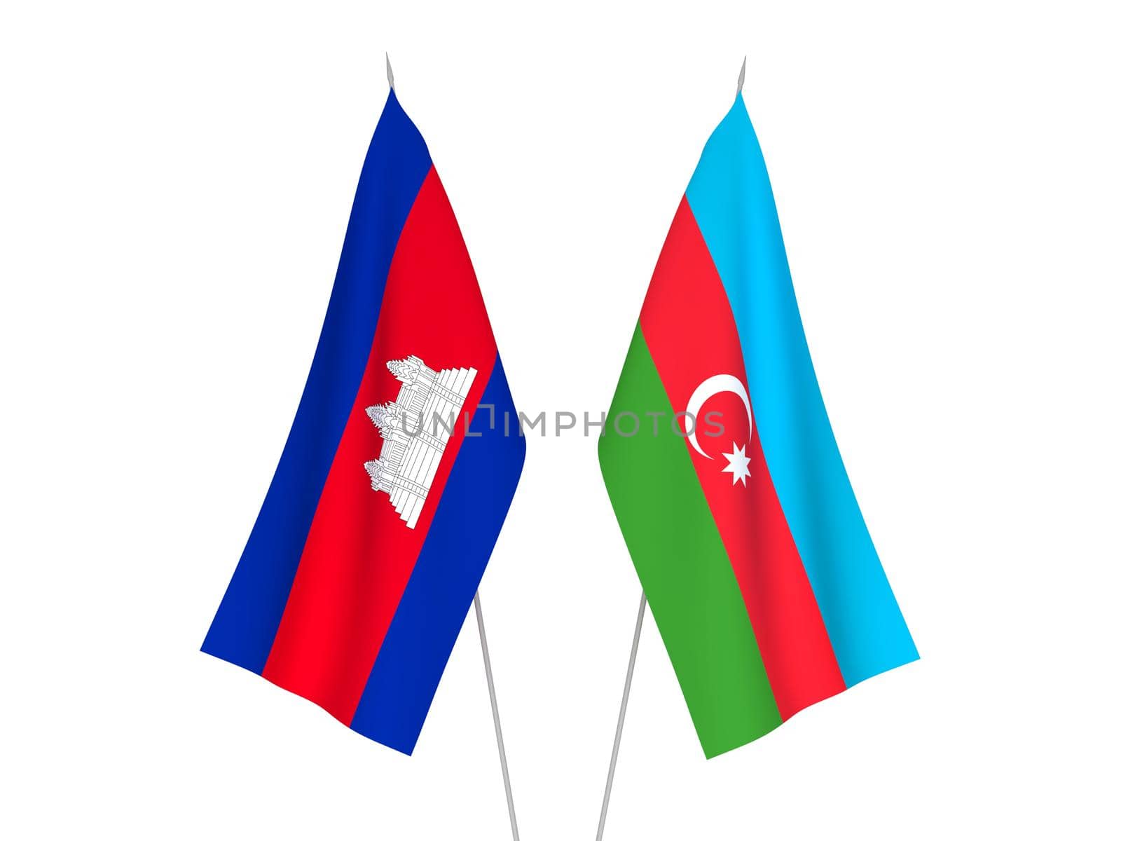 National fabric flags of Republic of Azerbaijan and Kingdom of Cambodia isolated on white background. 3d rendering illustration.