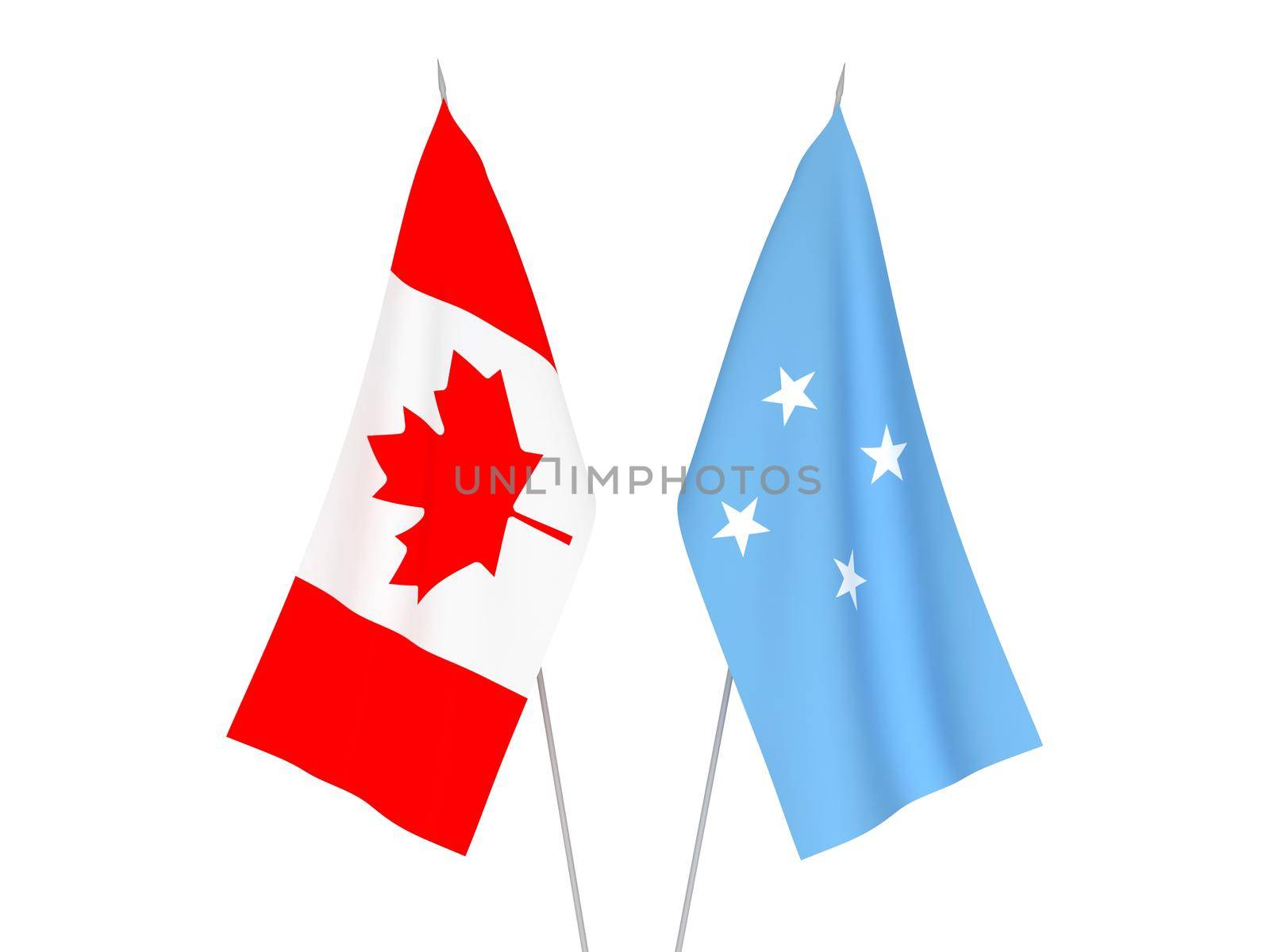 National fabric flags of Federated States of Micronesia and Canada isolated on white background. 3d rendering illustration.