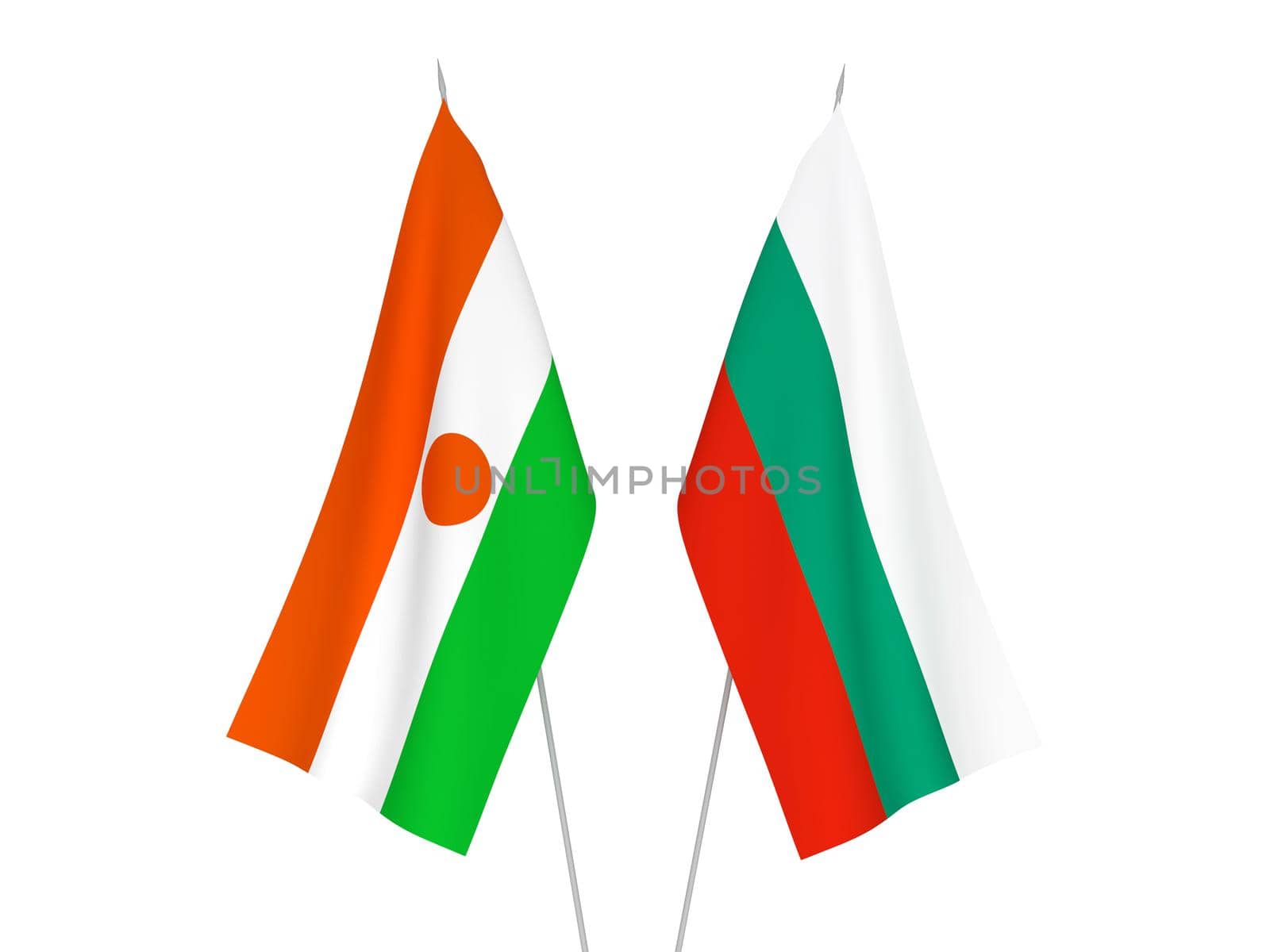 National fabric flags of Bulgaria and Republic of the Niger isolated on white background. 3d rendering illustration.