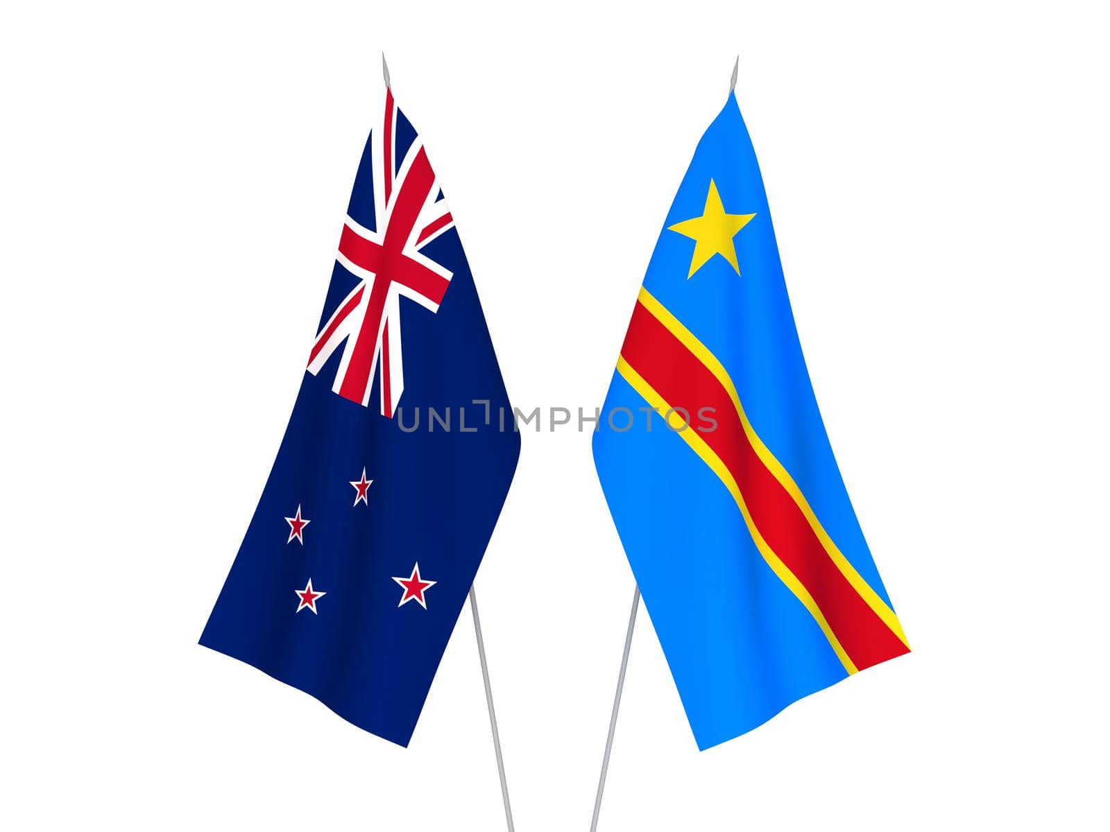 National fabric flags of Democratic Republic of the Congo and New Zealand isolated on white background. 3d rendering illustration.