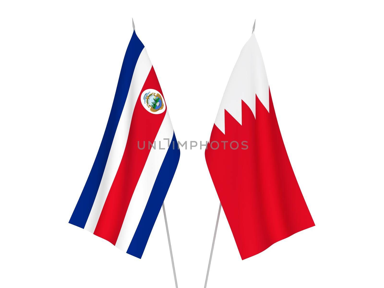 National fabric flags of Bahrain and Republic of Costa Rica isolated on white background. 3d rendering illustration.