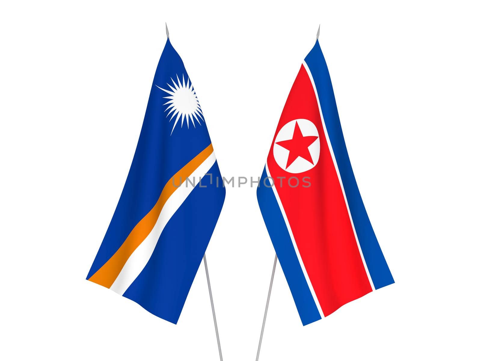 National fabric flags of Republic of the Marshall Islands and North Korea isolated on white background. 3d rendering illustration.
