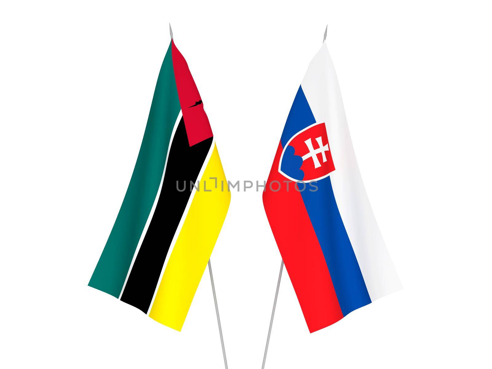 National fabric flags of Republic of Mozambique and Slovakia isolated on white background. 3d rendering illustration.
