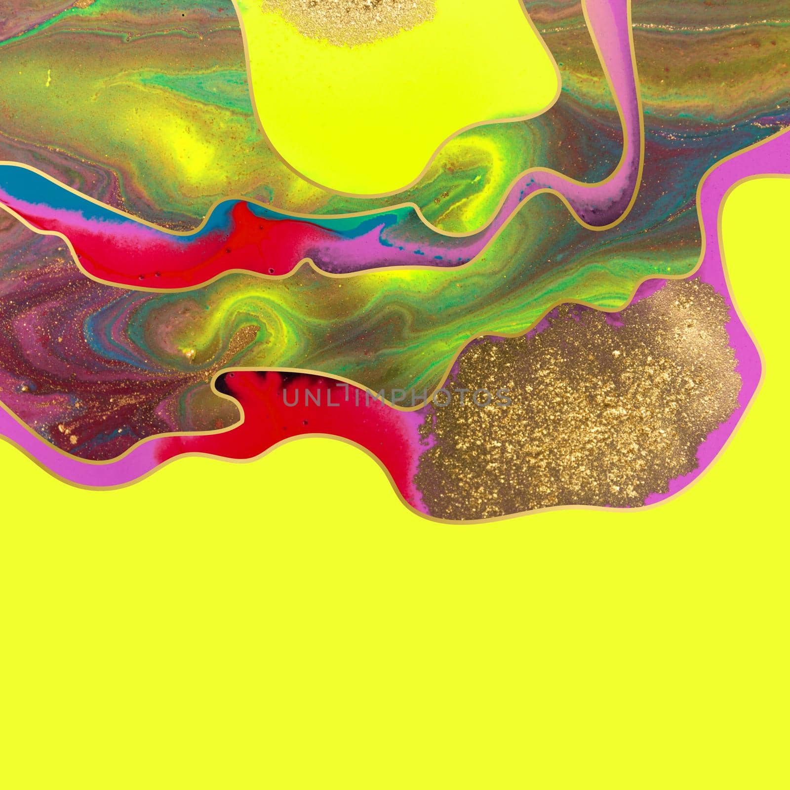 Gold dust and waves with fluorescent inks background. Yellow marble template