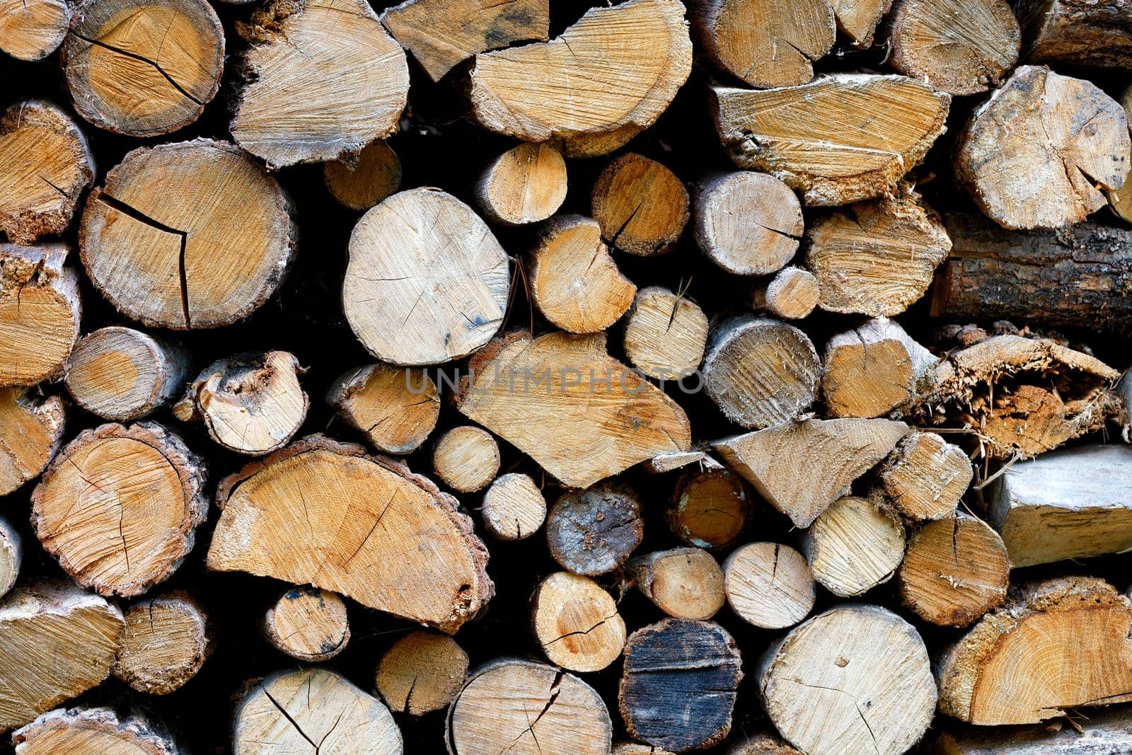 The texture of a stack of chopped firewood, close-up. by Sergii