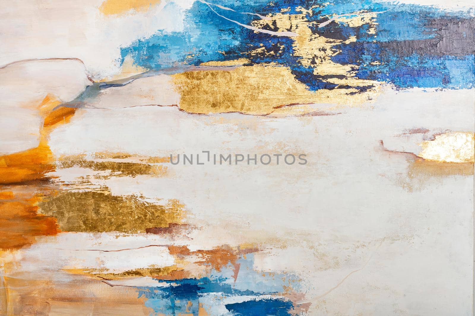 Blue, gold, beige, orange, brown in an avant-garde abstract color pattern.