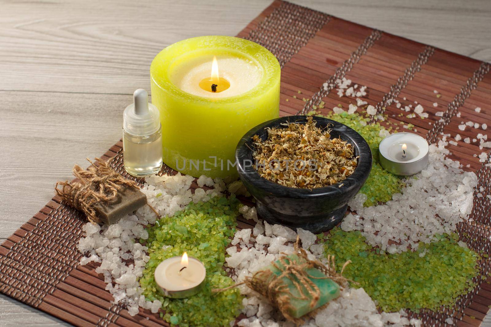 Spa nature products. Sea salt, chamomile, soap and aromatic oil by mvg6894