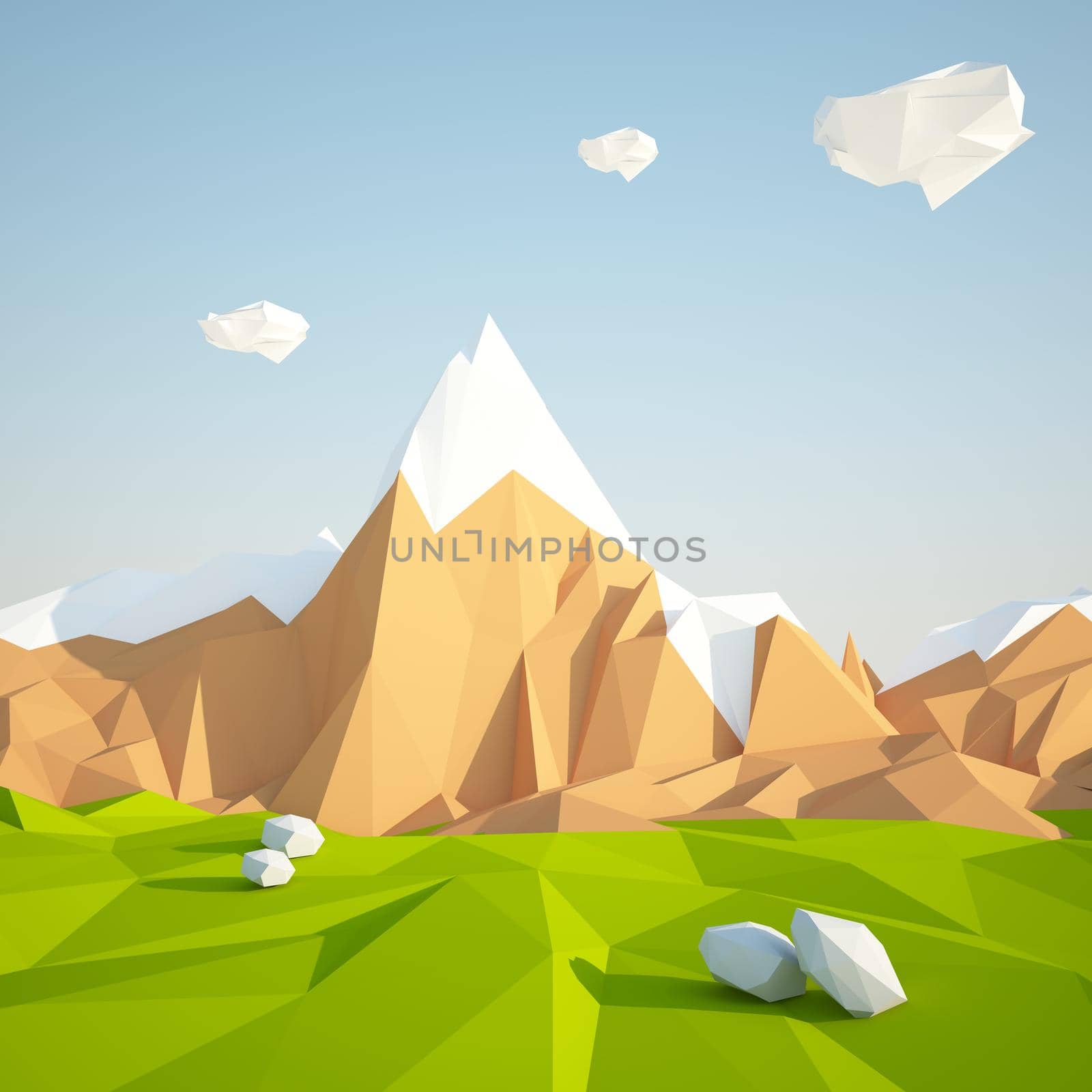 Abstract low poly background with green grass and white clouds flying in the air . Early morning sunny illustration