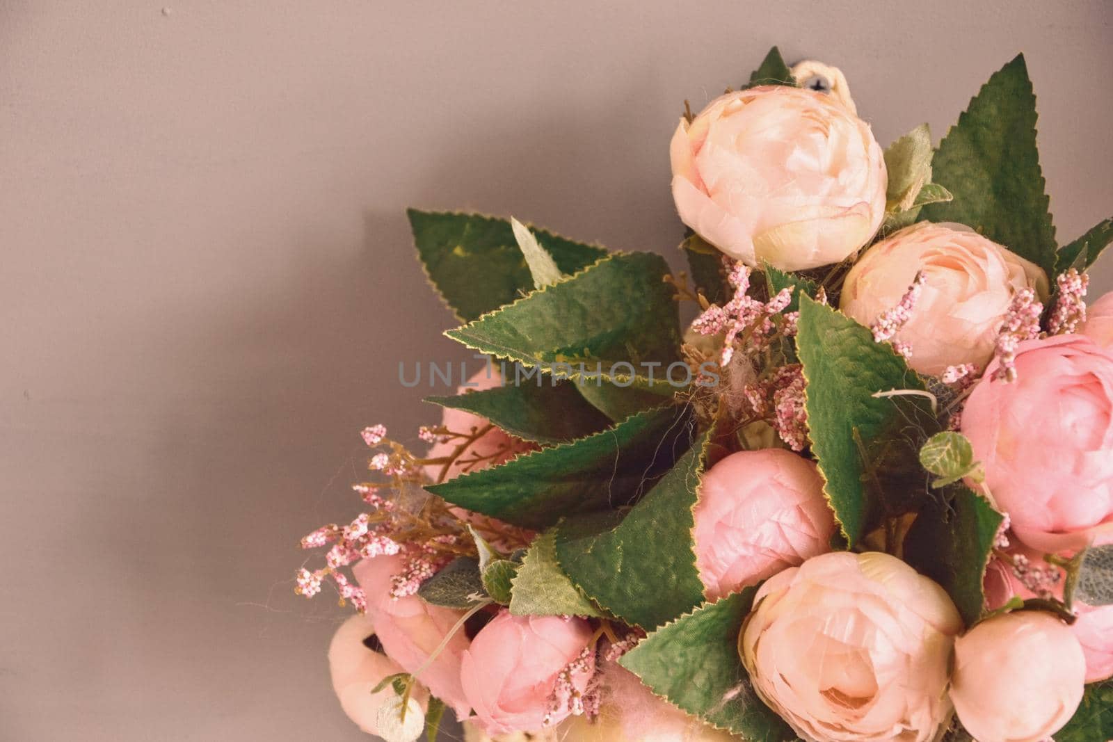 Pink flowers on a pink-beige background. An element for your design. Copy space. High quality photo