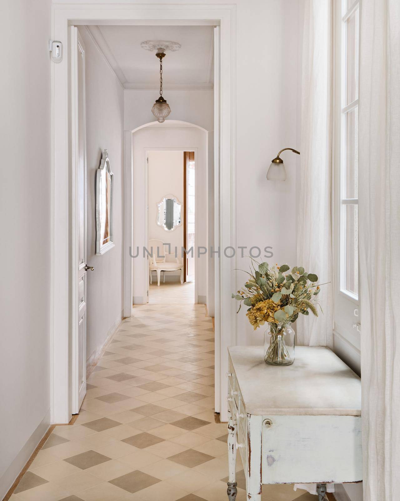 Hallway decorated in vintage style overlooking a long corridor by apavlin