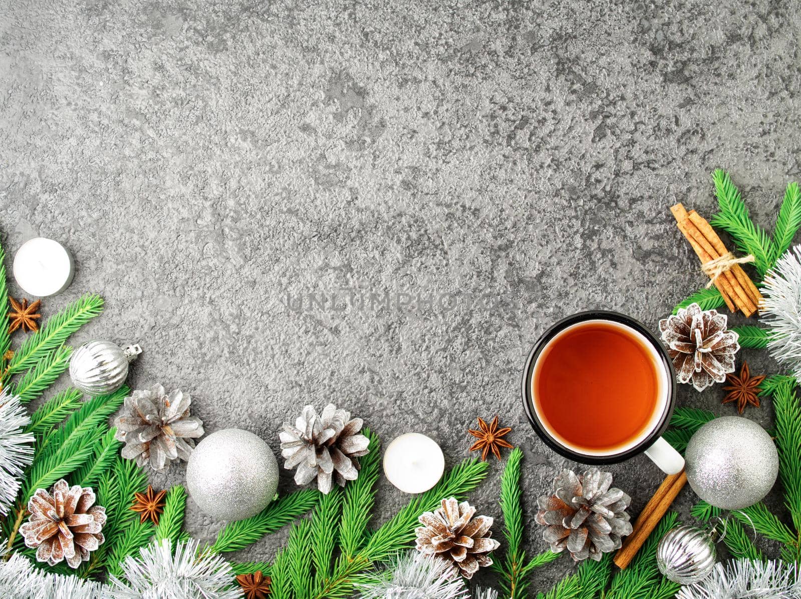Christmas and Happy New Year background with tea. Top view, copy space, military stile by NataBene