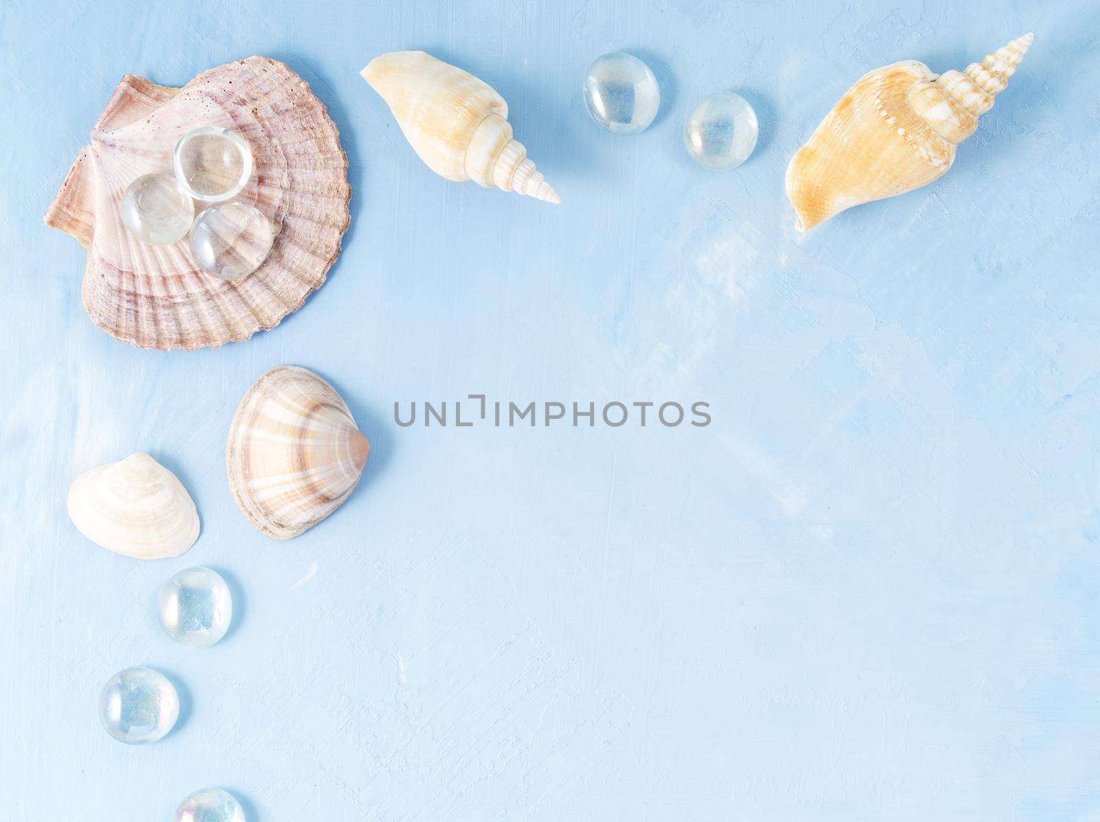 Mock up with frame of seashell on blue stone background, scallop shell, holiday by sea by NataBene