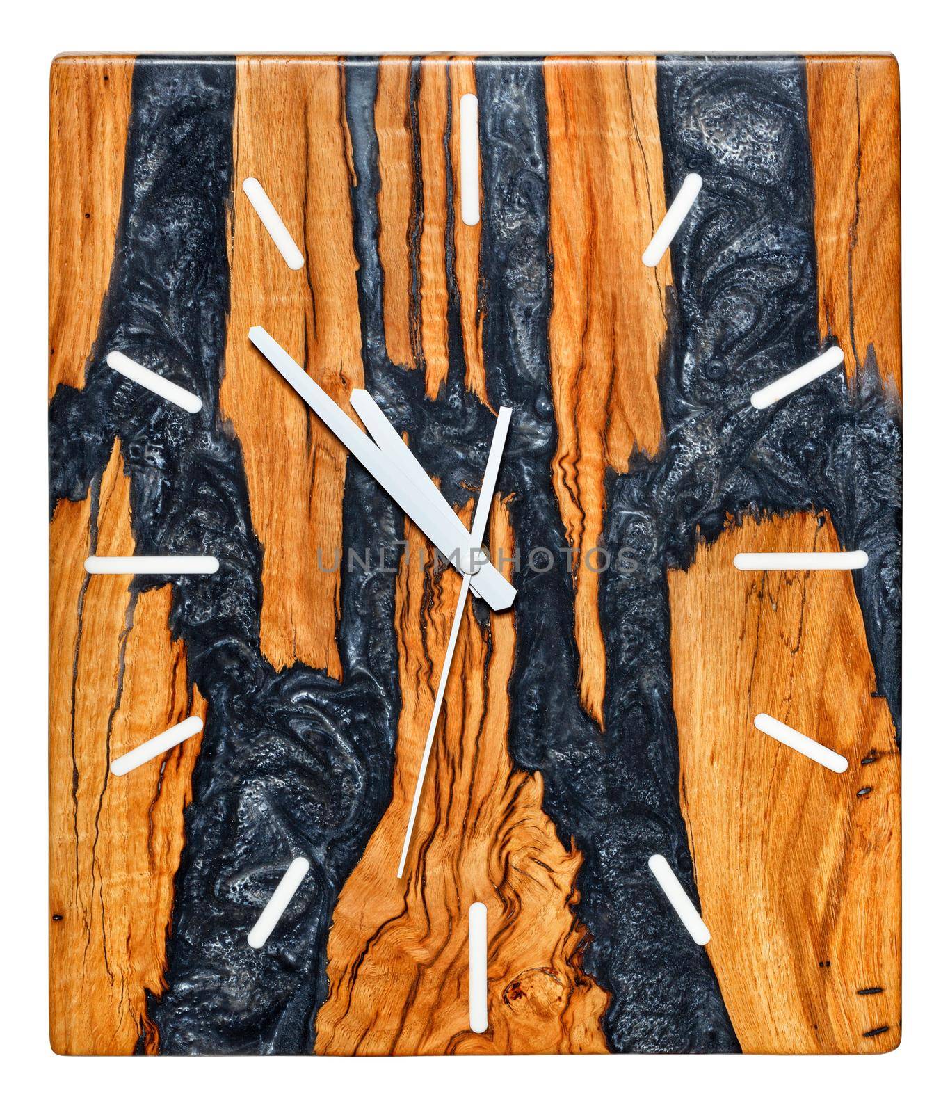 Beautiful rectangular wall clock made of a cut of a tree root and epoxy resin with an imitation of solidified lava of a volcano, isolated on a white background. by Sergii