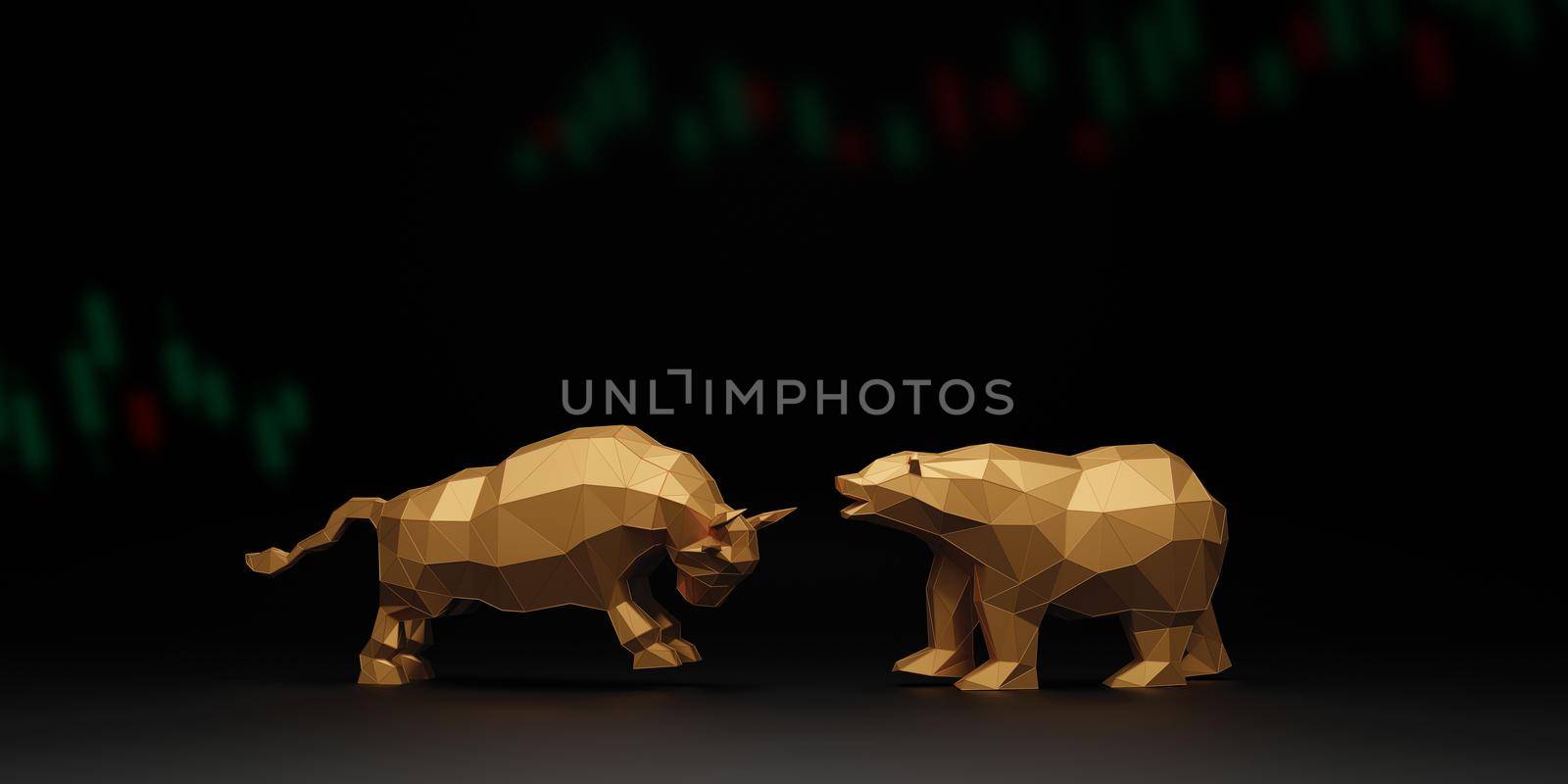 Bull and bear with candlestick chart on black background 3D render by Myimagine