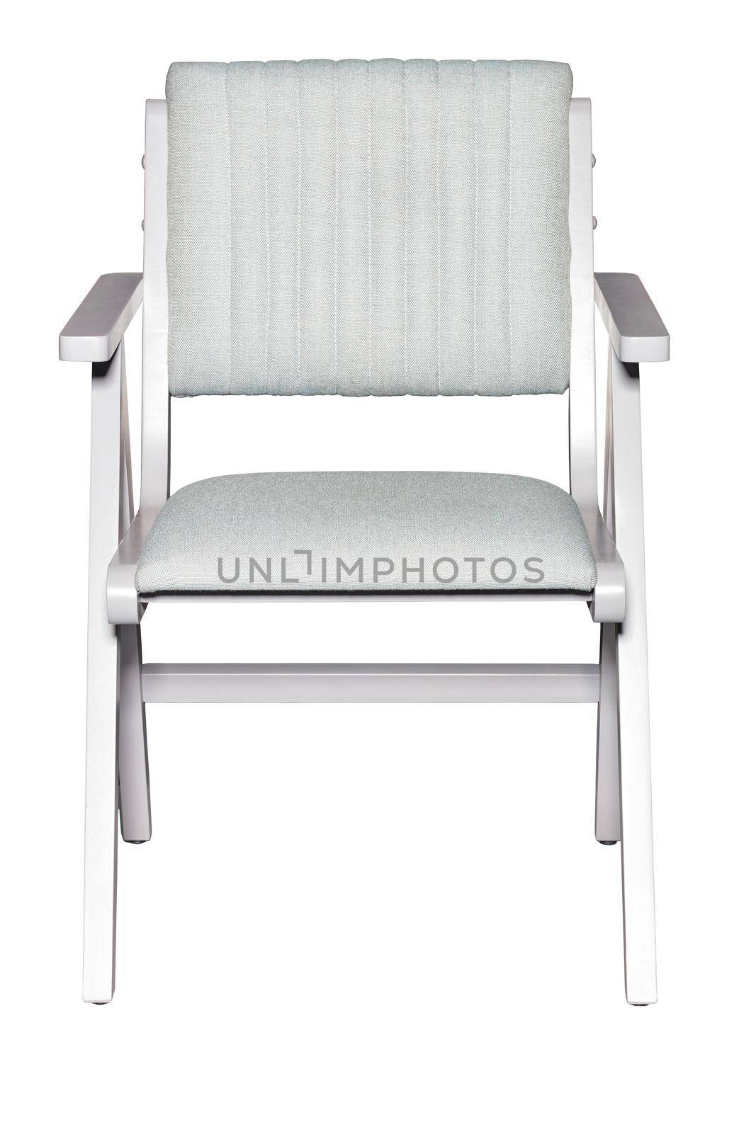 White wooden chair with fabric soft light seat upholstery and comfortable supportive back with armrests, photographed from the front, isolated on white background.