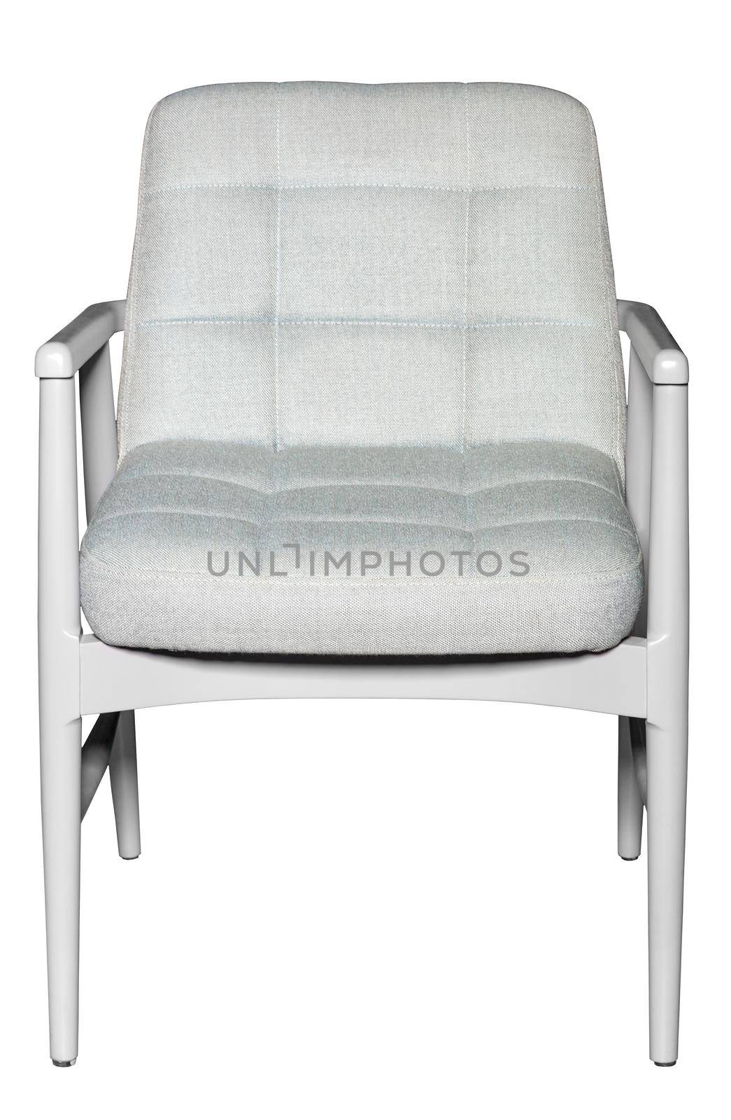 White comfortable wooden armchair with soft light fabric seat upholstery and supportive backrest with armrests in a minimalist style, photographed from the front, isolated on white background.
