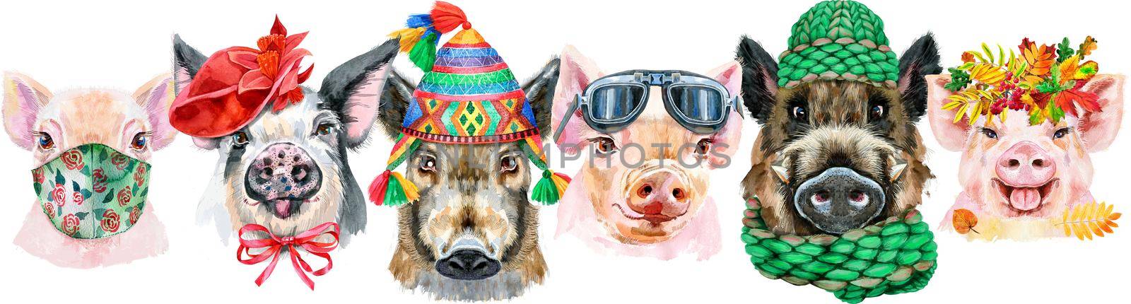 Cute border from watercolor portraits of pigs. Watercolor illustration of pigs in wreath of autumn leaves, biker glasses, red hat, chullo hat, knitted green hat and medical mask