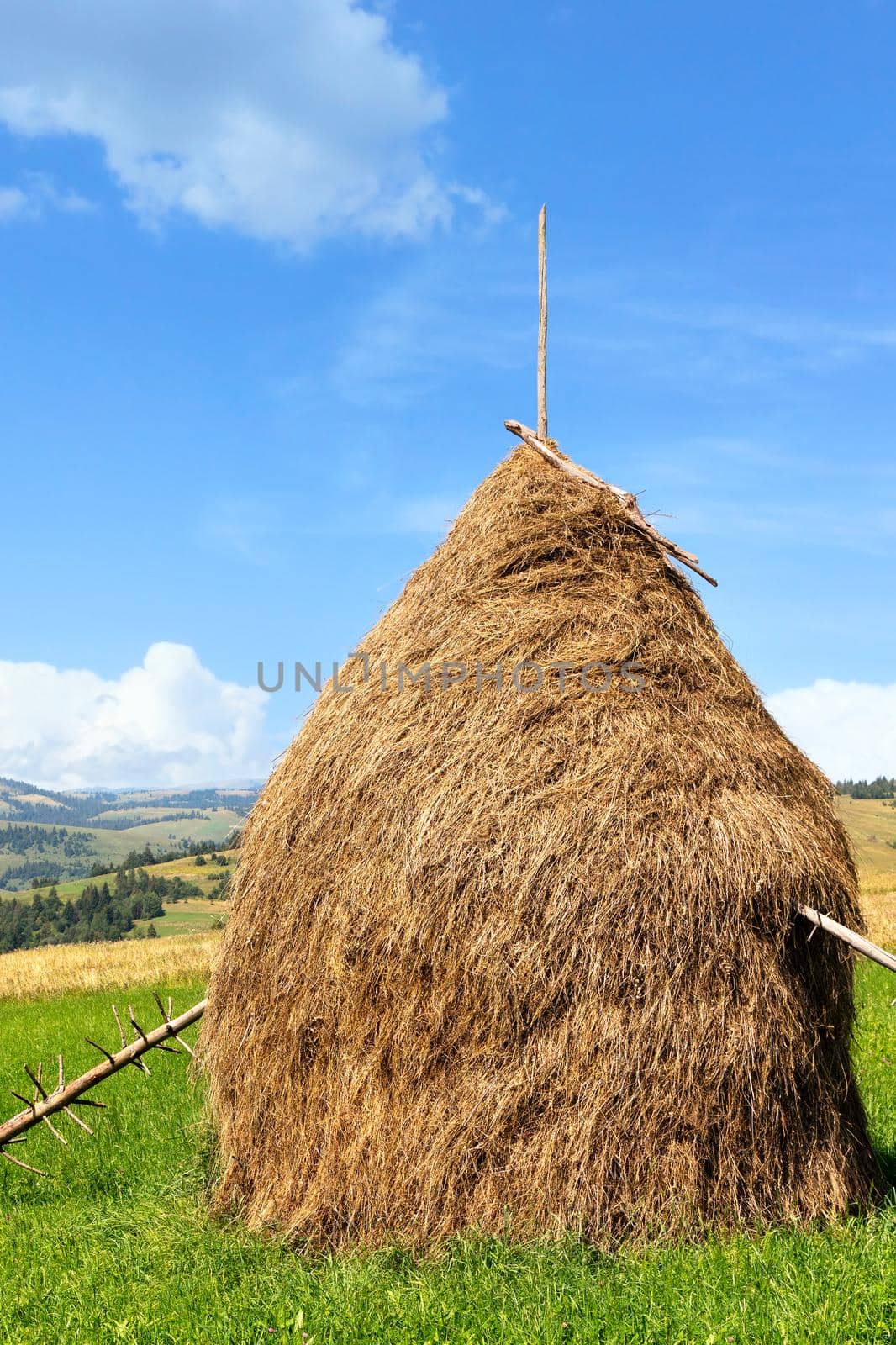 A haystack stands on a green mountain meadow against the backdrop of a beautiful summer mountainous landscape on a bright sunny day. Vertical image, high resolution, close-up, copy space.