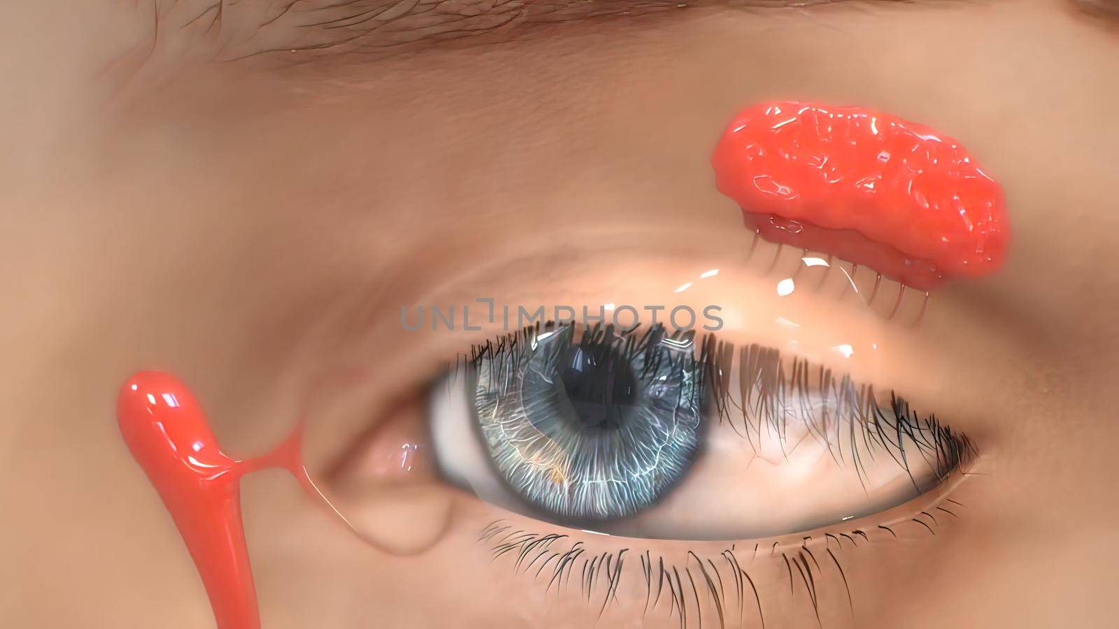 A drop of the saline, watery fluid continually secreted by the lacrimal glands between the surface of the eye and the eyelid.3D illustration