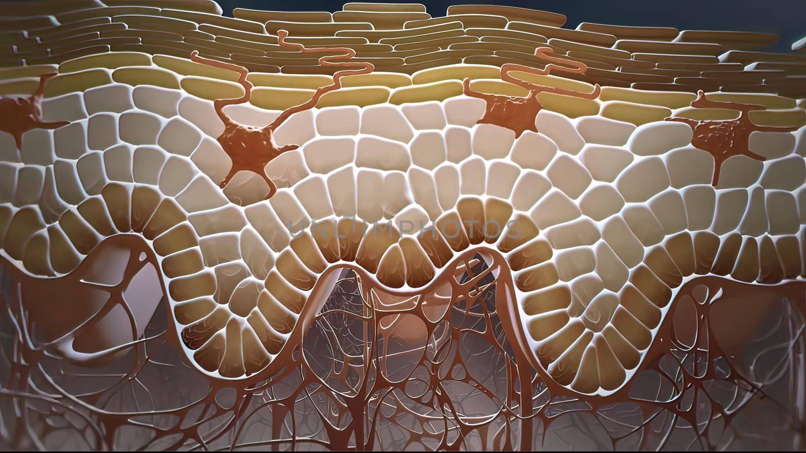 In the layer adjacent to the dermis, the keratinocytes are divided and thrown into the upper layers. 3D illustration