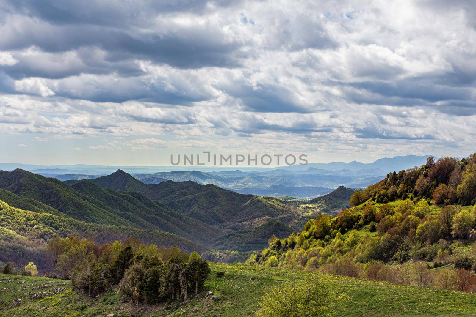 Mountain peaks landscape. Green hills with trees on cloudy day. Catalunya, Spain by apavlin