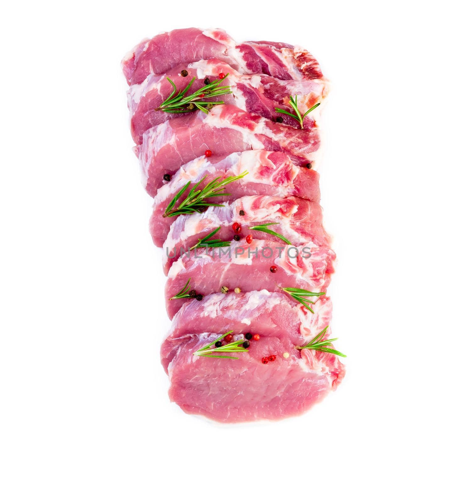 pork meat slices loin with seasoning on white background, top view.