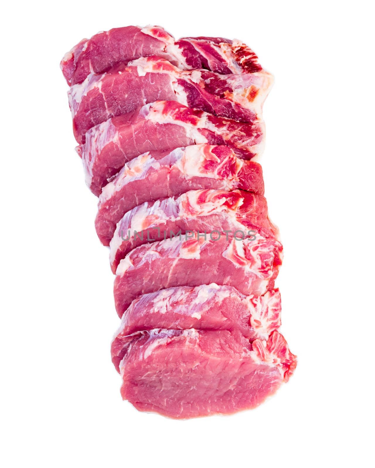 pork meat slices loin isolated on white background, top view, vertical.