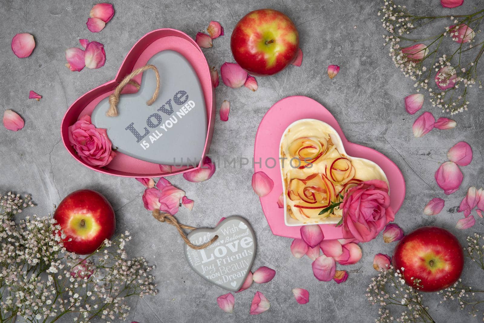 valentine's day rose apple pie, mother's day homemade cake, heart shaped pink. High quality photo