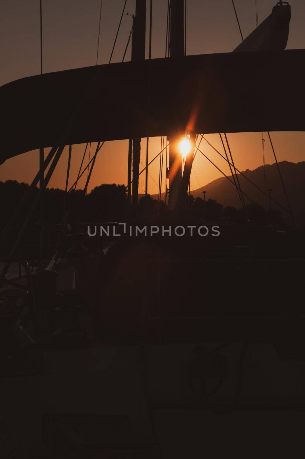 Panoramic view of marina di Olbia port and yacht marina at sunset