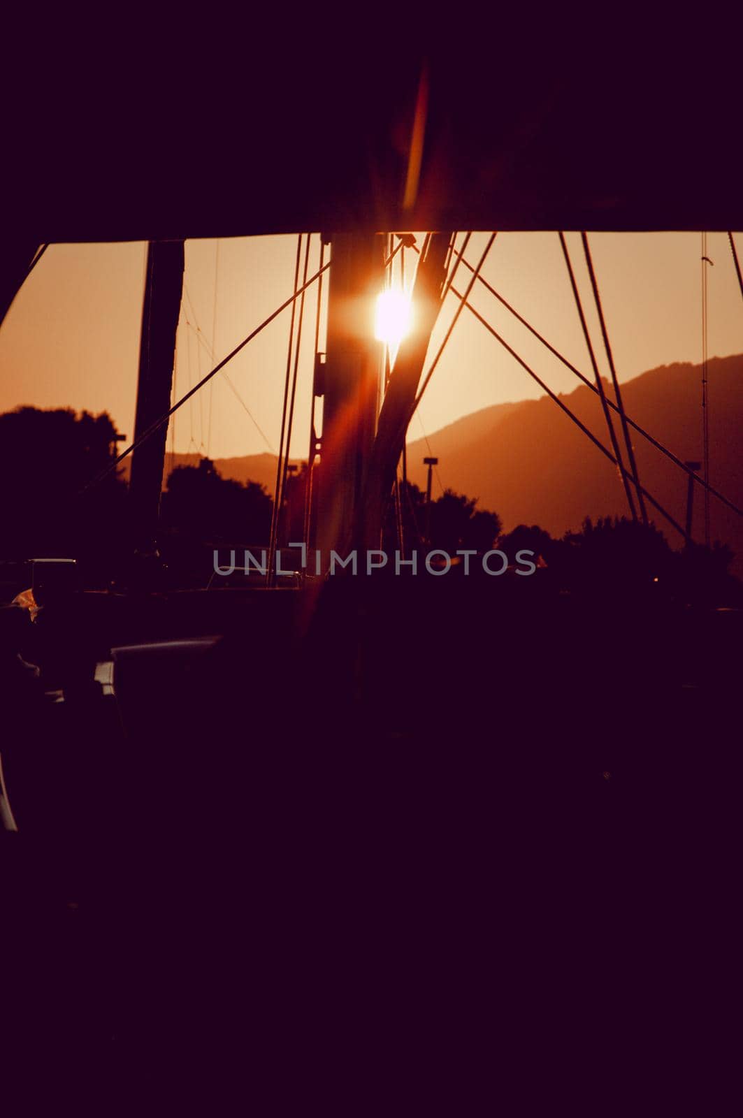 Panoramic view of marina di Olbia port and yacht marina at sunset