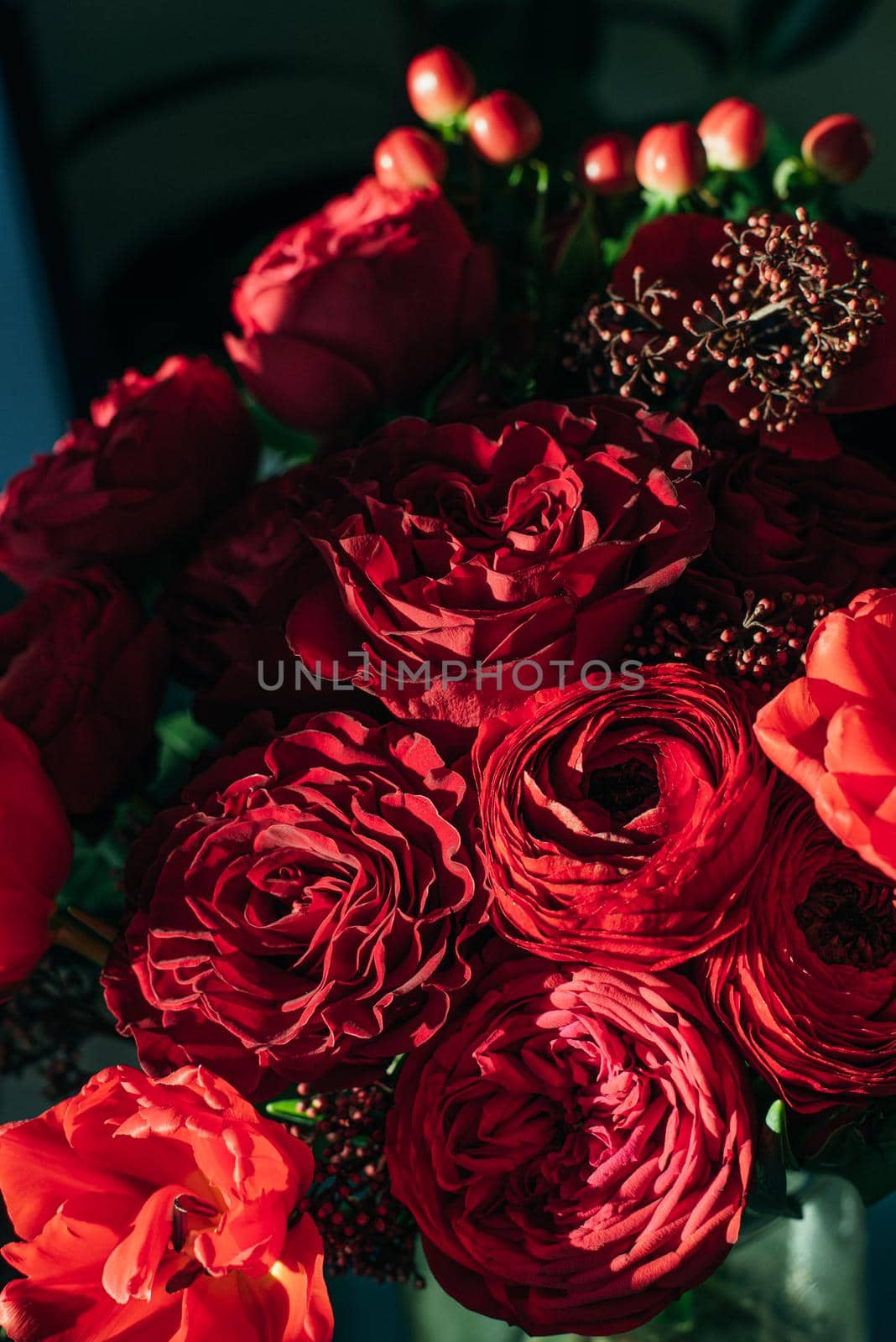 Bright red flowers bouquet on dark background.