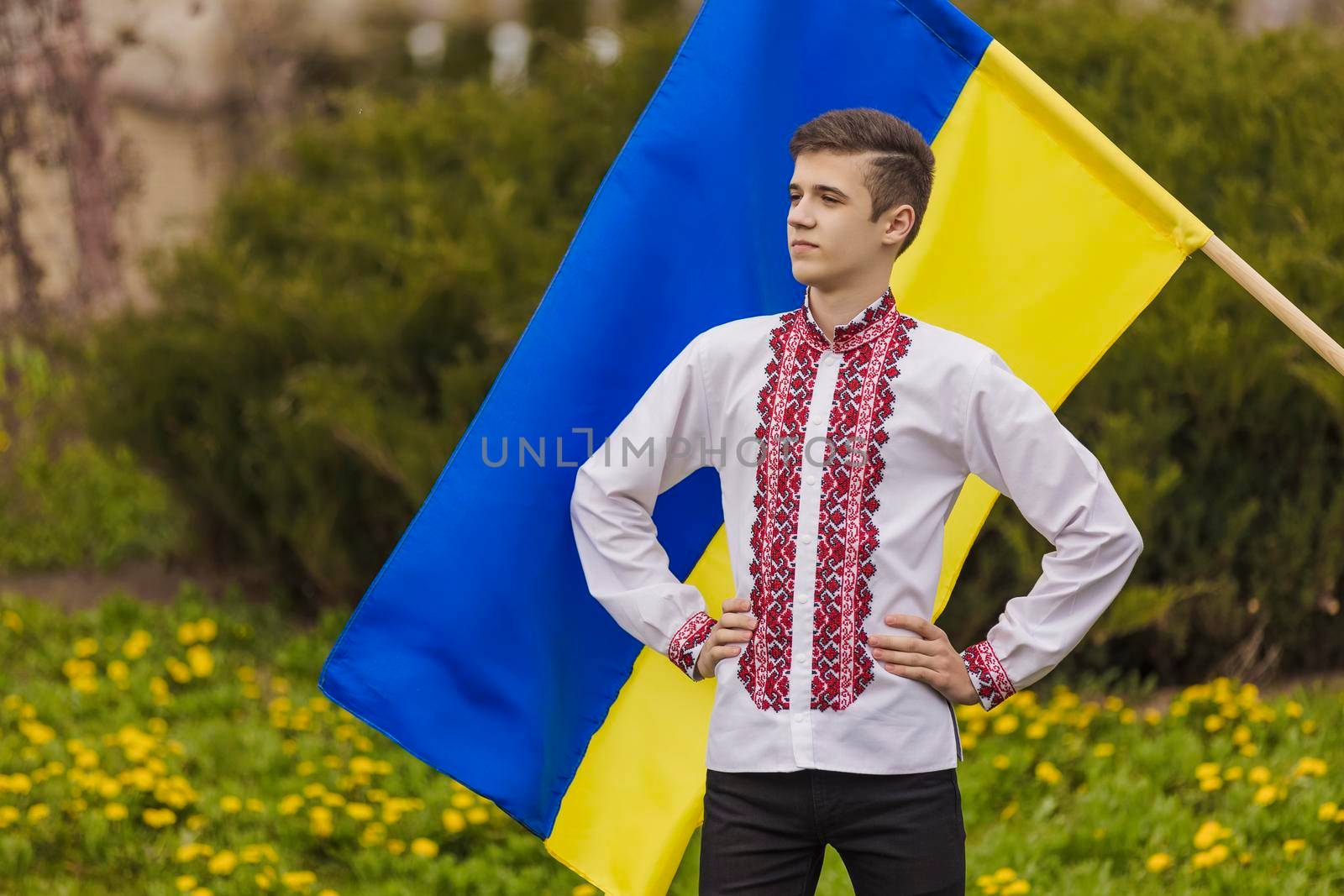boy in vyshyvanka and with the flag of ukraine