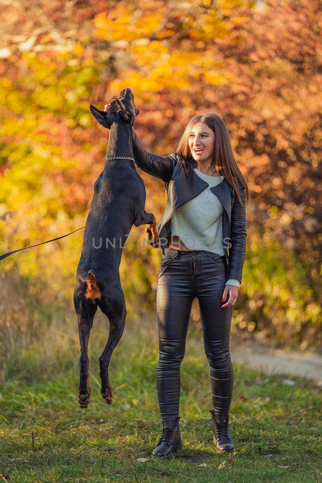 girl playing with doberman dog by zokov