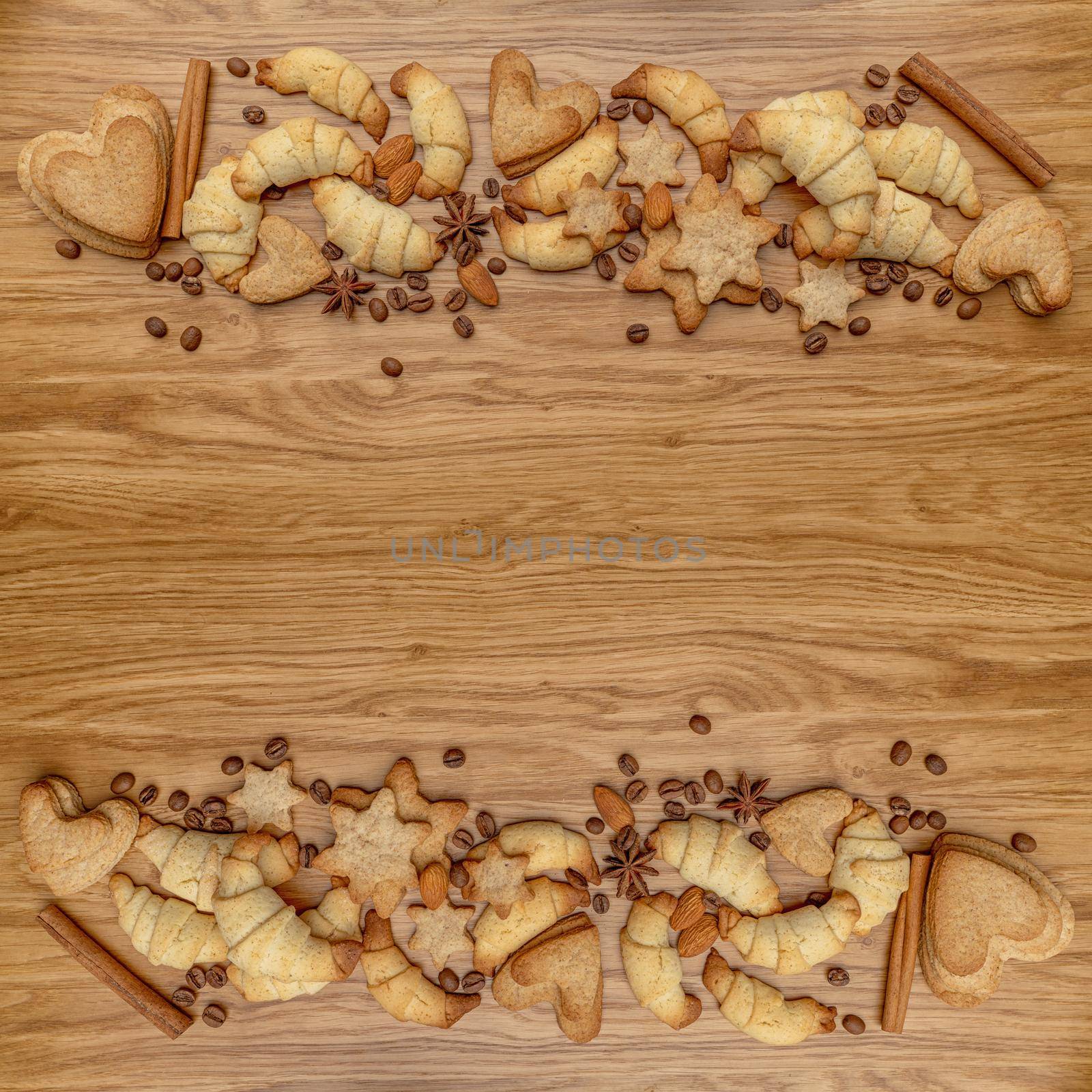 Background with homemade cakes, fragrant cookies. Cookies in the form of hearts, stars, coffee beans, spices, almonds close-up. menu concept, Home baking. Full size by Matiunina