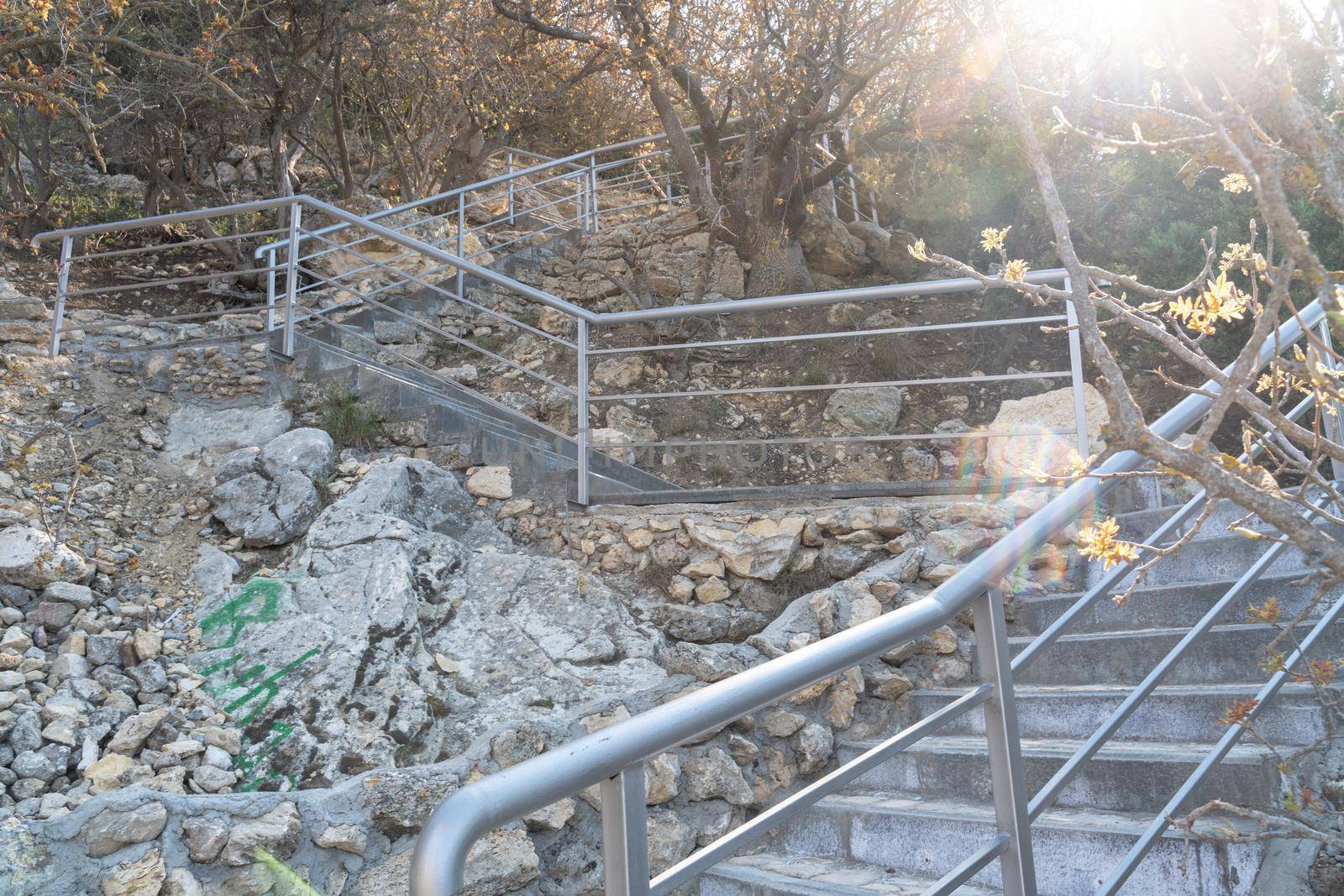 A new stone staircase of 800 steps to Jasper Beach, built in the spring of 2020. The reserve on the Black Sea. Cape Fiolent, Crimea Peninsula. The concept of unity with nature, outdoor activities