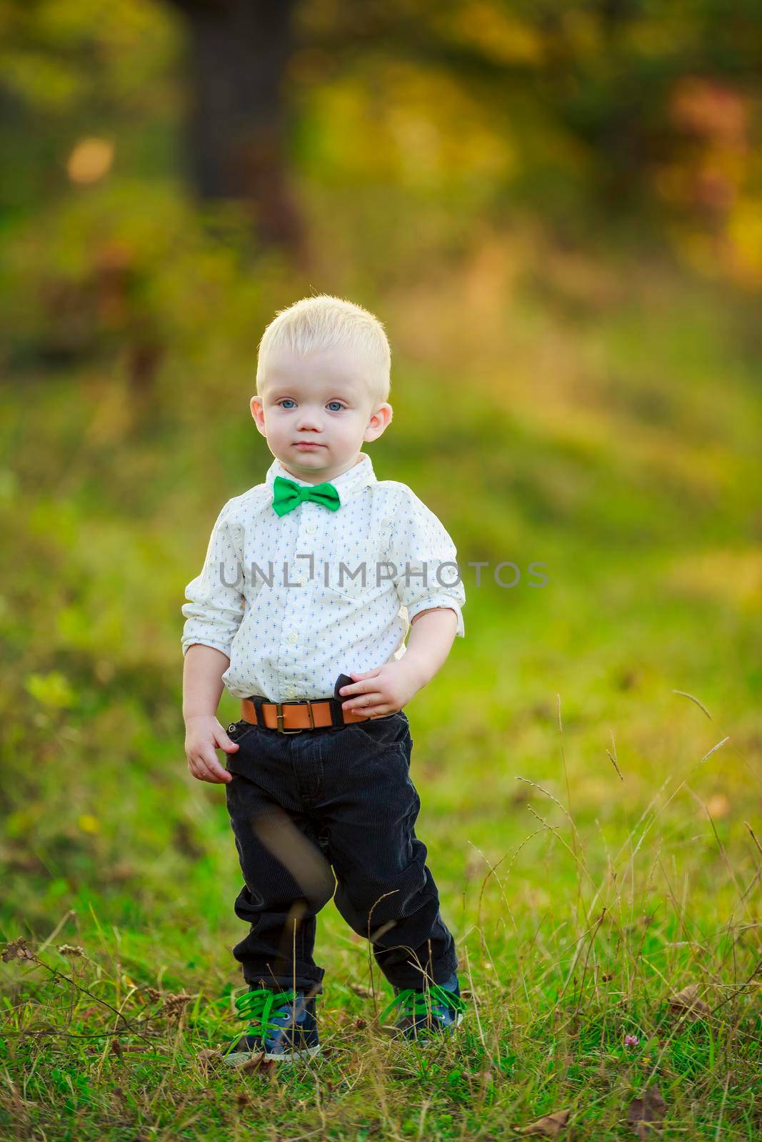 little boy in a white shirt and with a green bow tie walks in nature