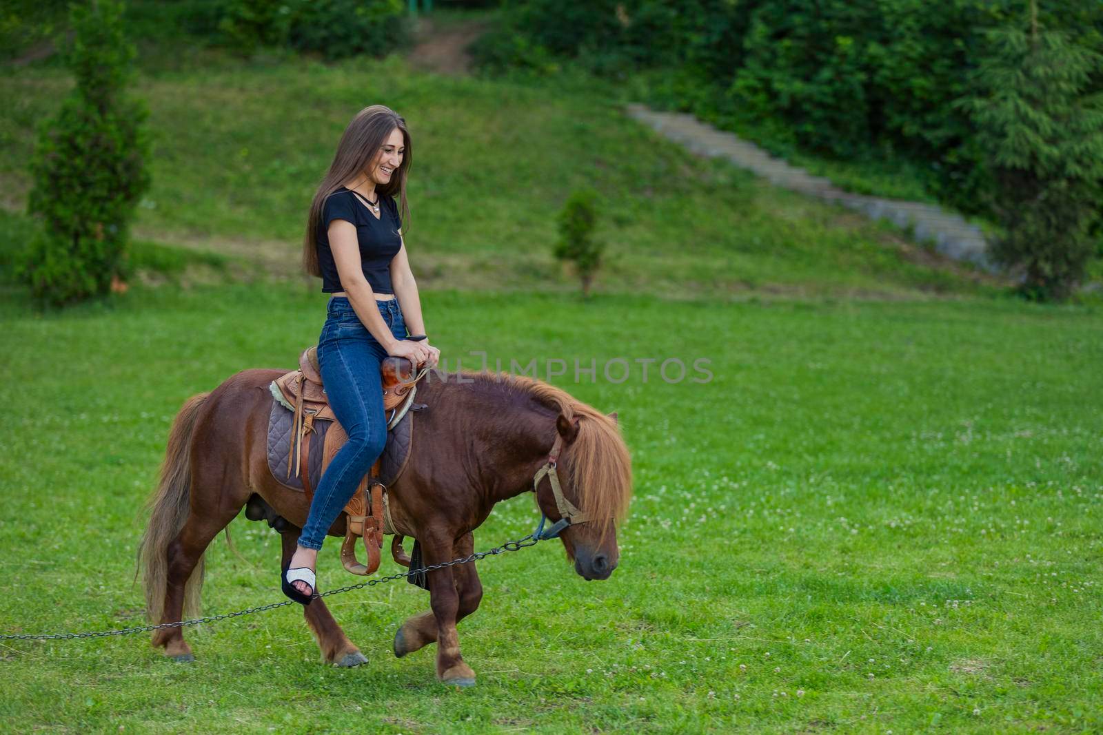 girl riding a pony on a green lawn