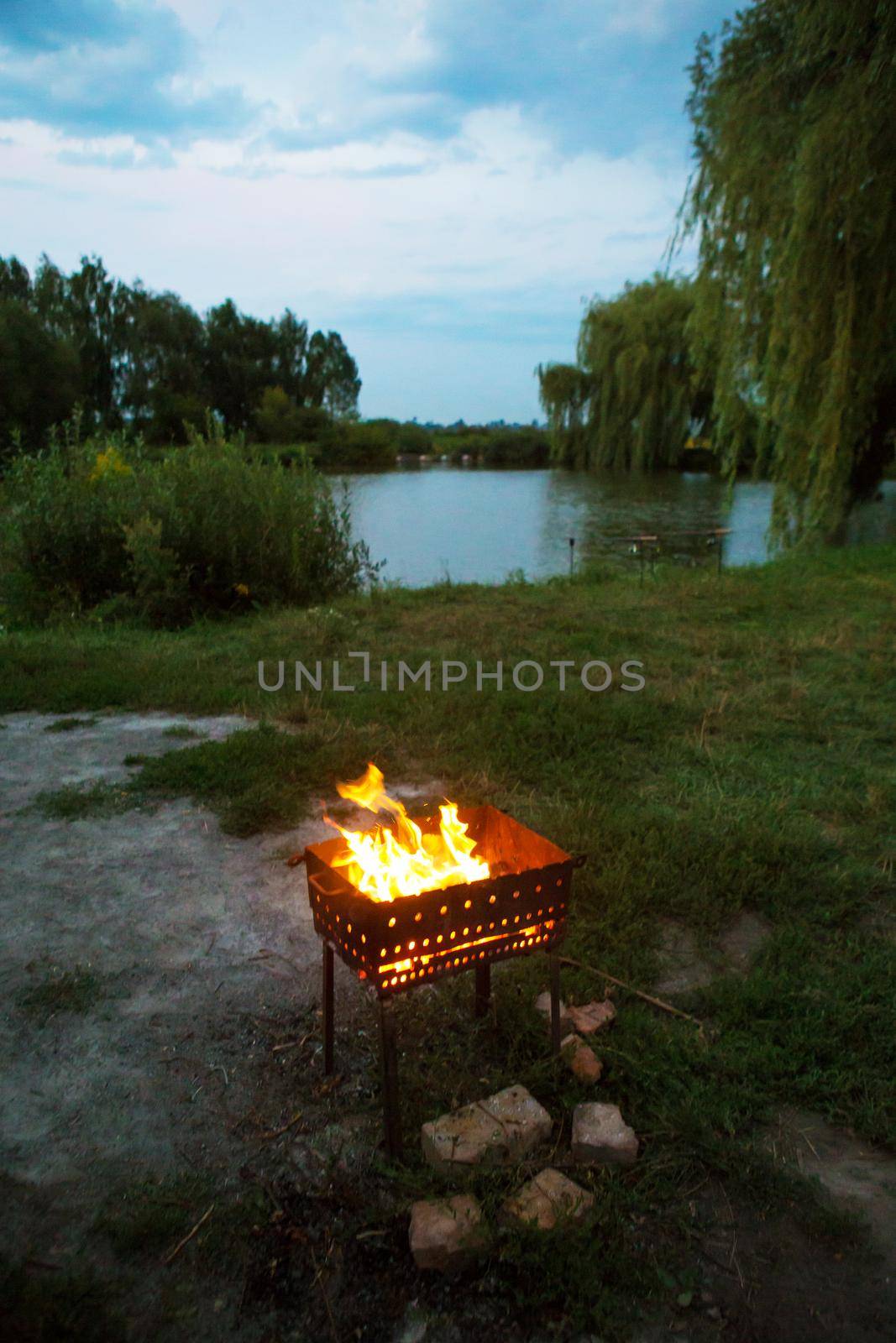 evening-burning firewood in the grill, preparation for the frying of meat, near the lake by sfinks