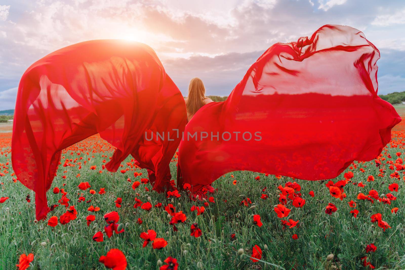 A young woman in a red dress and long red wings poses in a large field of red poppies at sunset by Matiunina