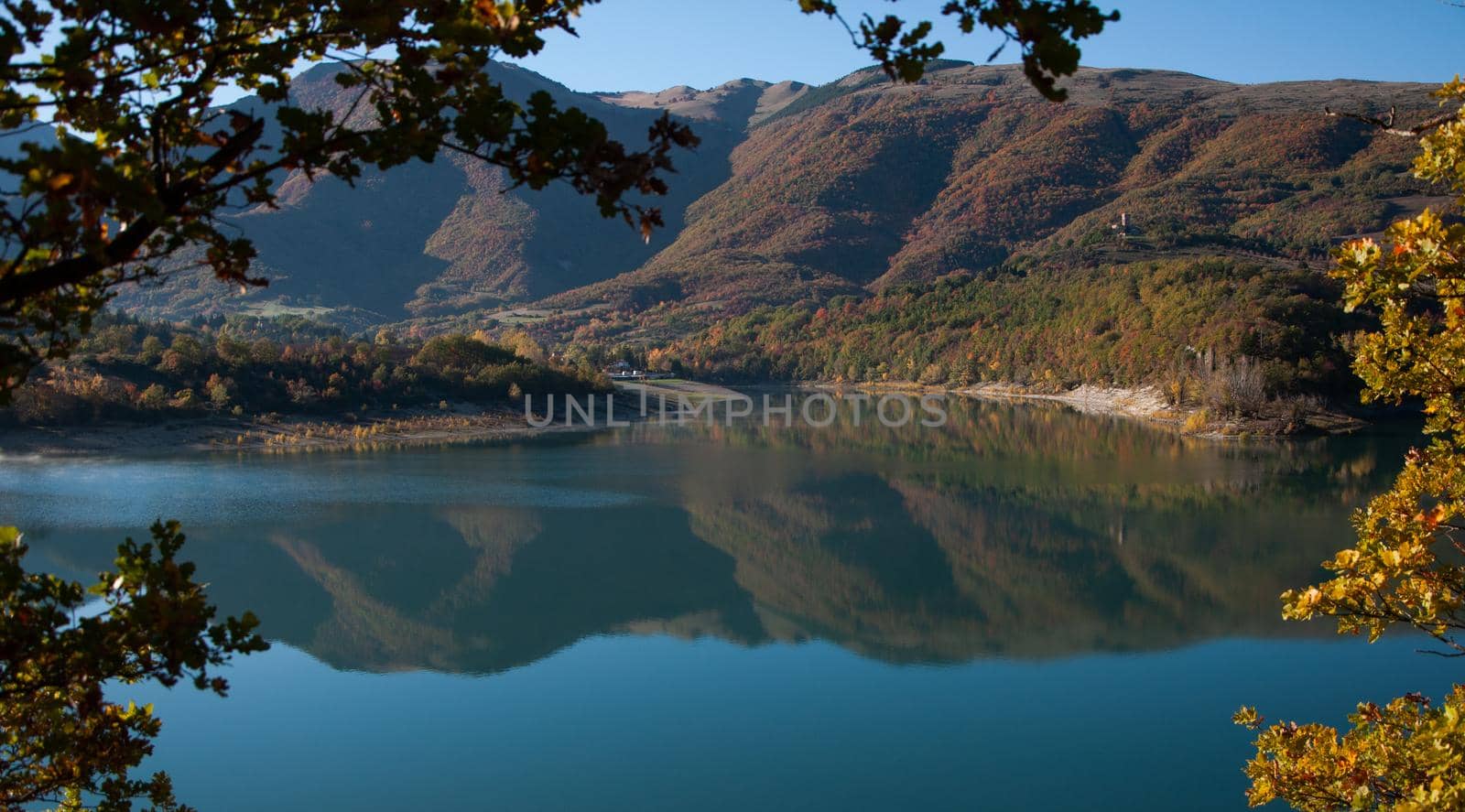 landscape Lago di Fiastra in Marche region, Macerata Province, Italy