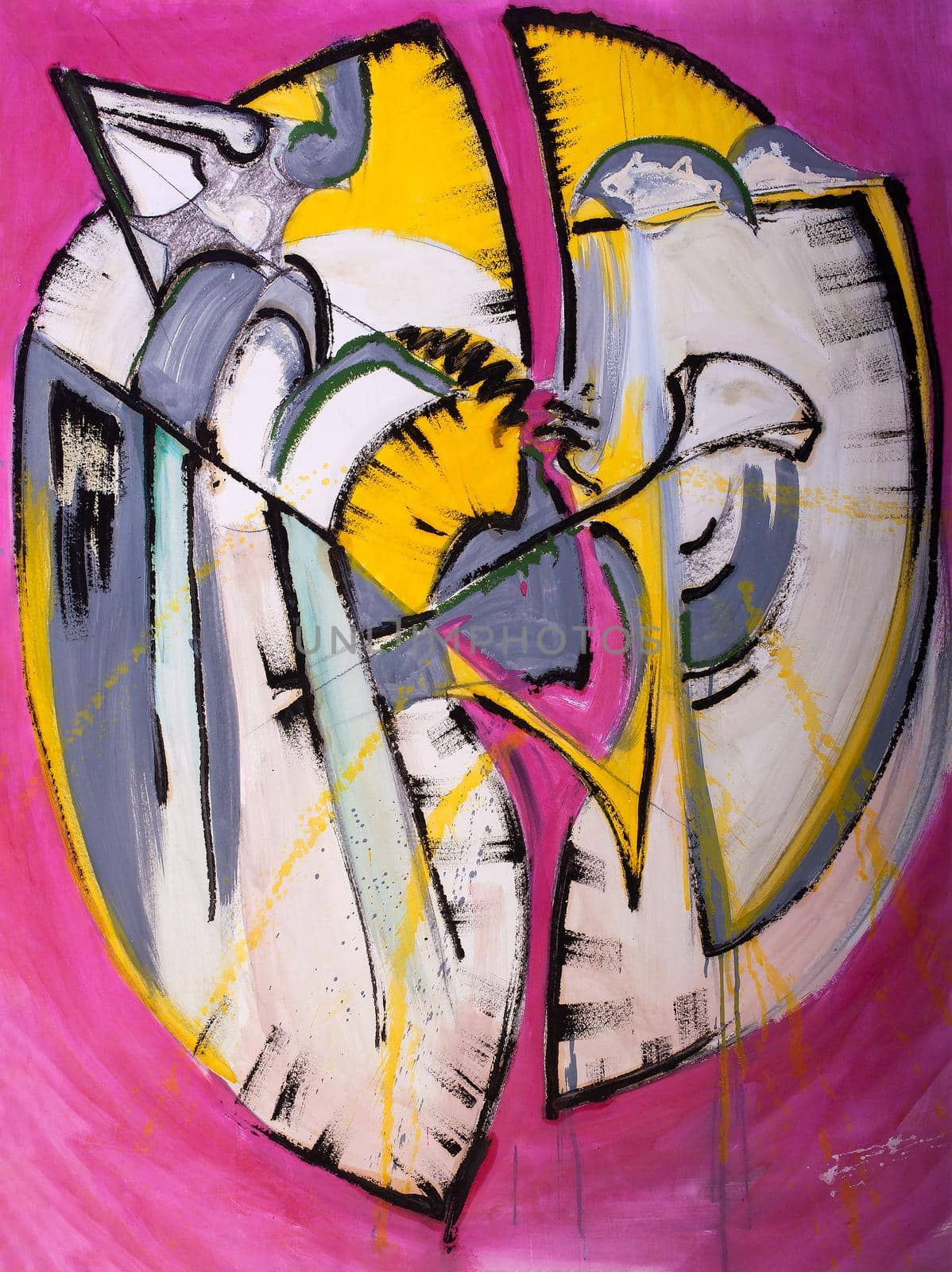 Abstract painting, mixed media. Decoration made with fuchsia, yellow, white and gray colors by bepsimage