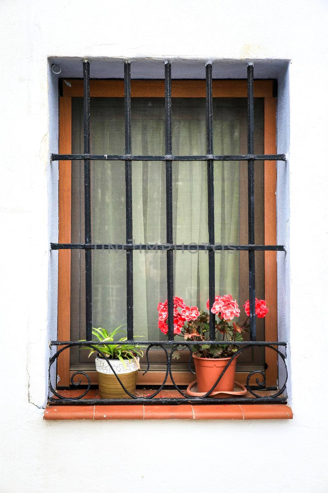 Whitewashed facade with window with forged metal grill by soniabonet
