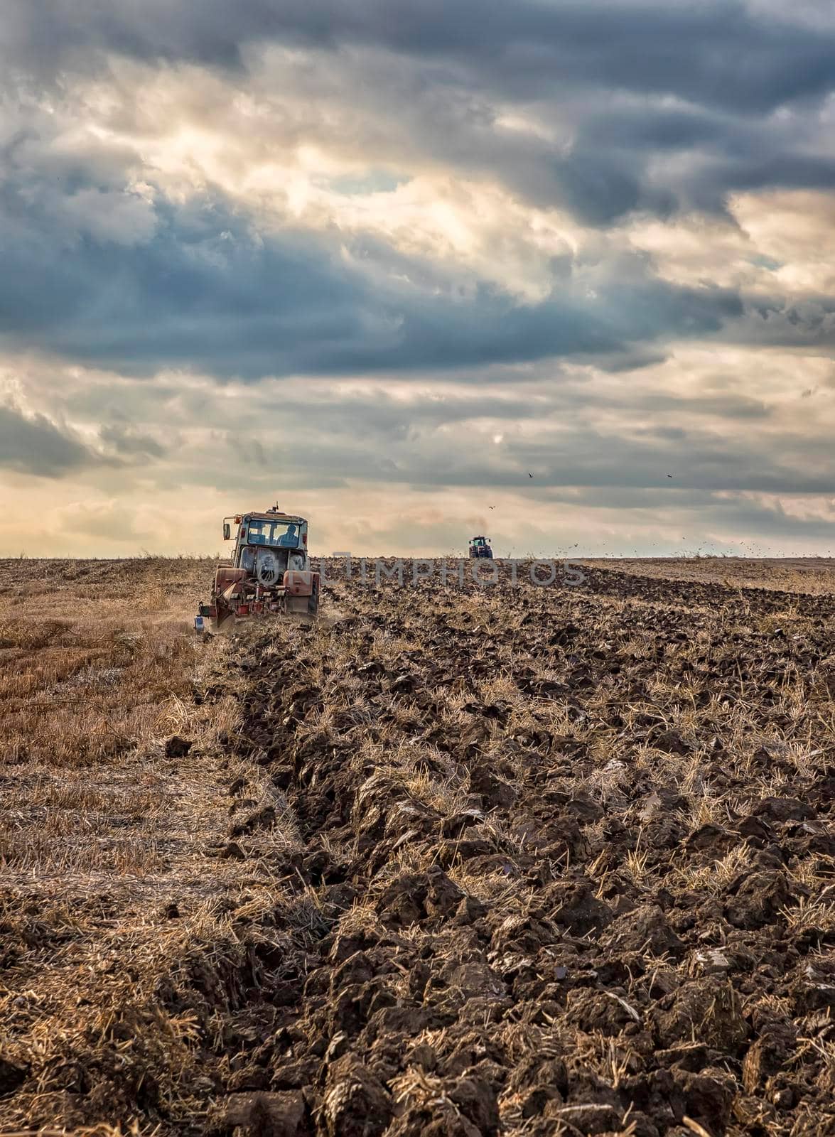 Day view of tractors plowing the soil in a mountain hill.